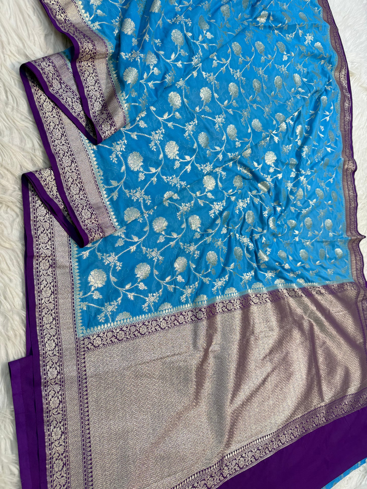 Powder blue magenta shade khaddi georgatte premium Banarasi saree