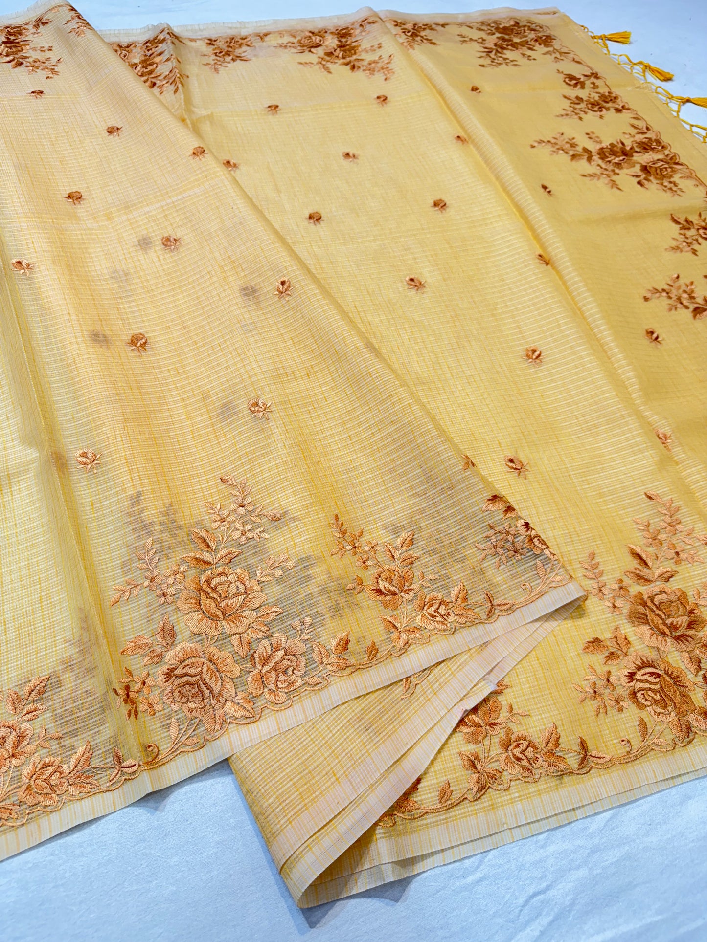 Mango shade kota designer embroidery premium Banarasi saree