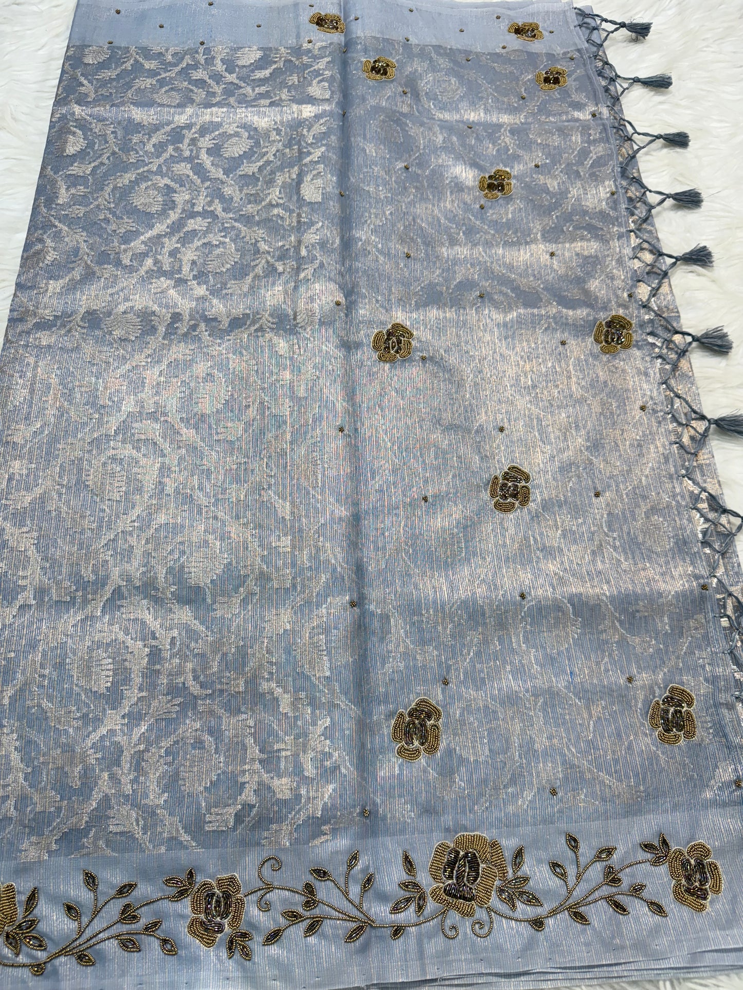 Powder blue shade tissue kota zardosi work Banarasi saree