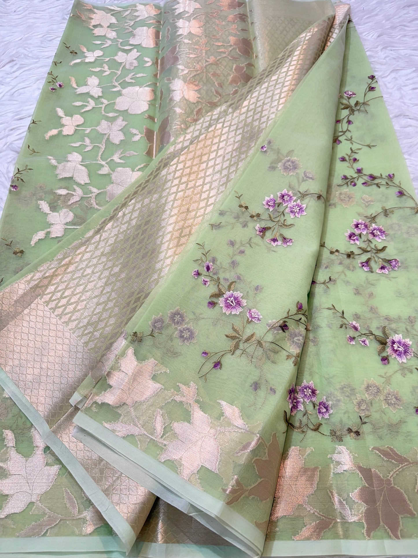 Pista green shade organza embroidery Banarasi saree