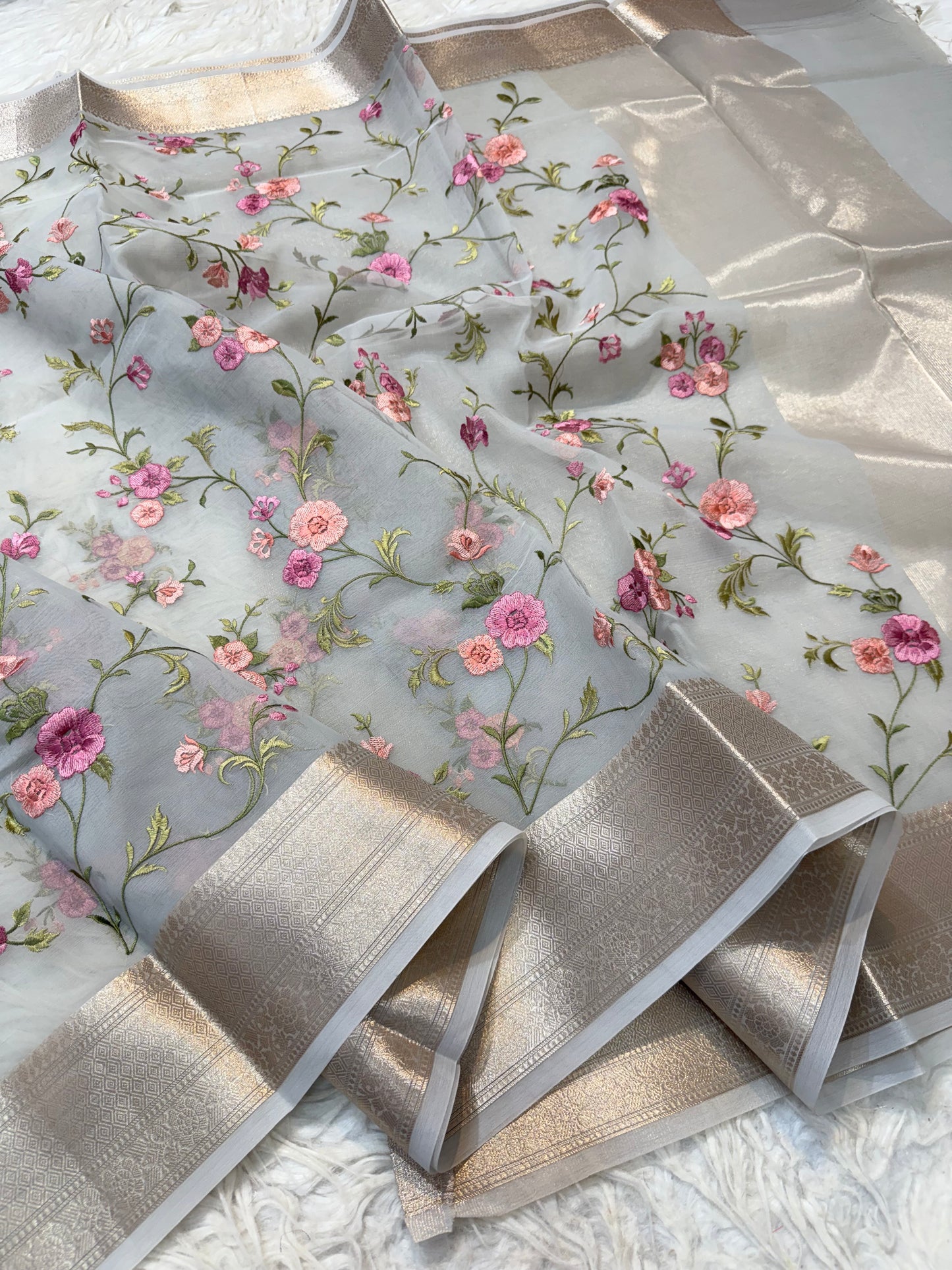 Grey shade organza embroidery Banarasi saree