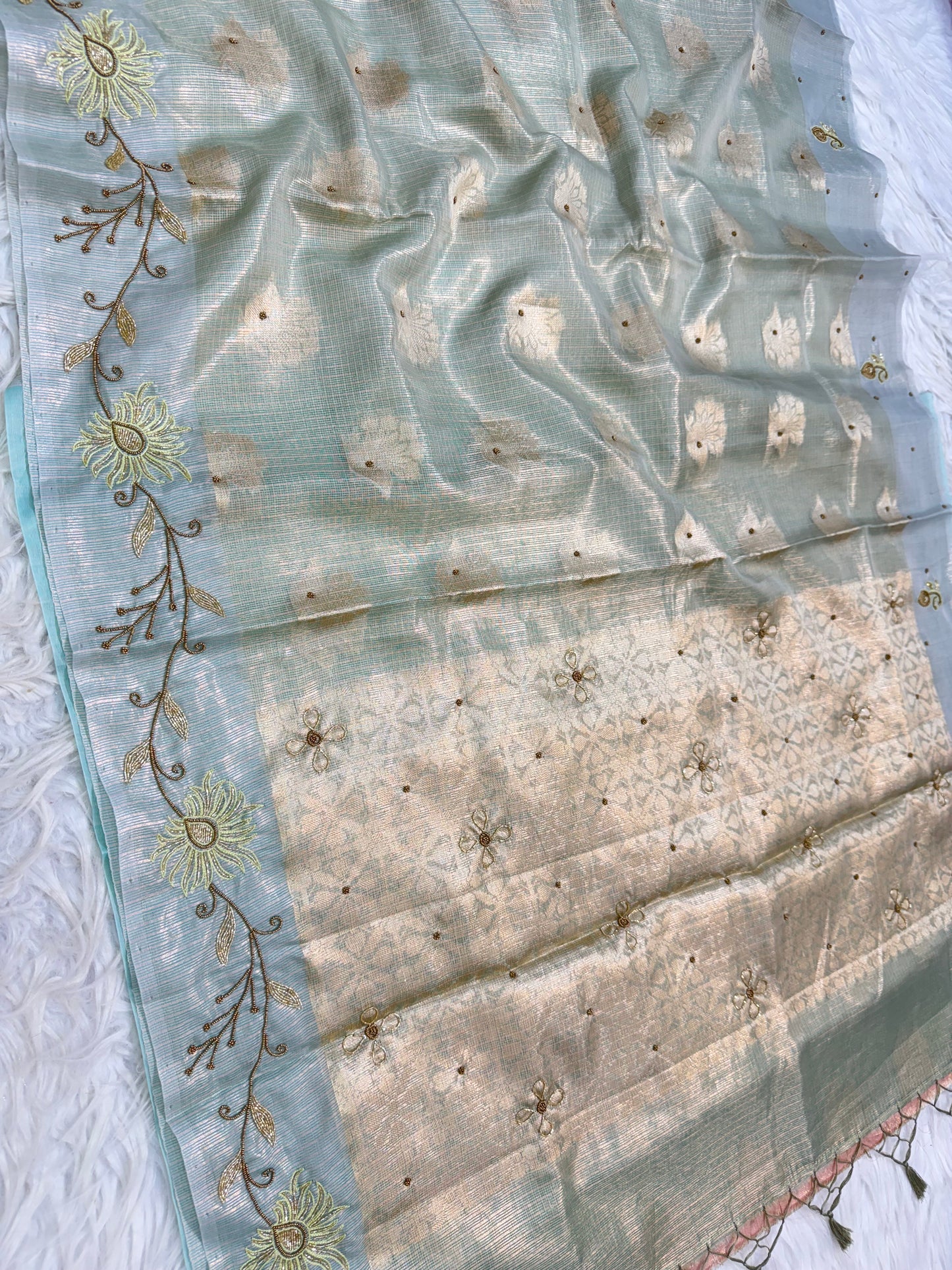 Sea green shade tissue kota designer handwork premium Banarasi saree