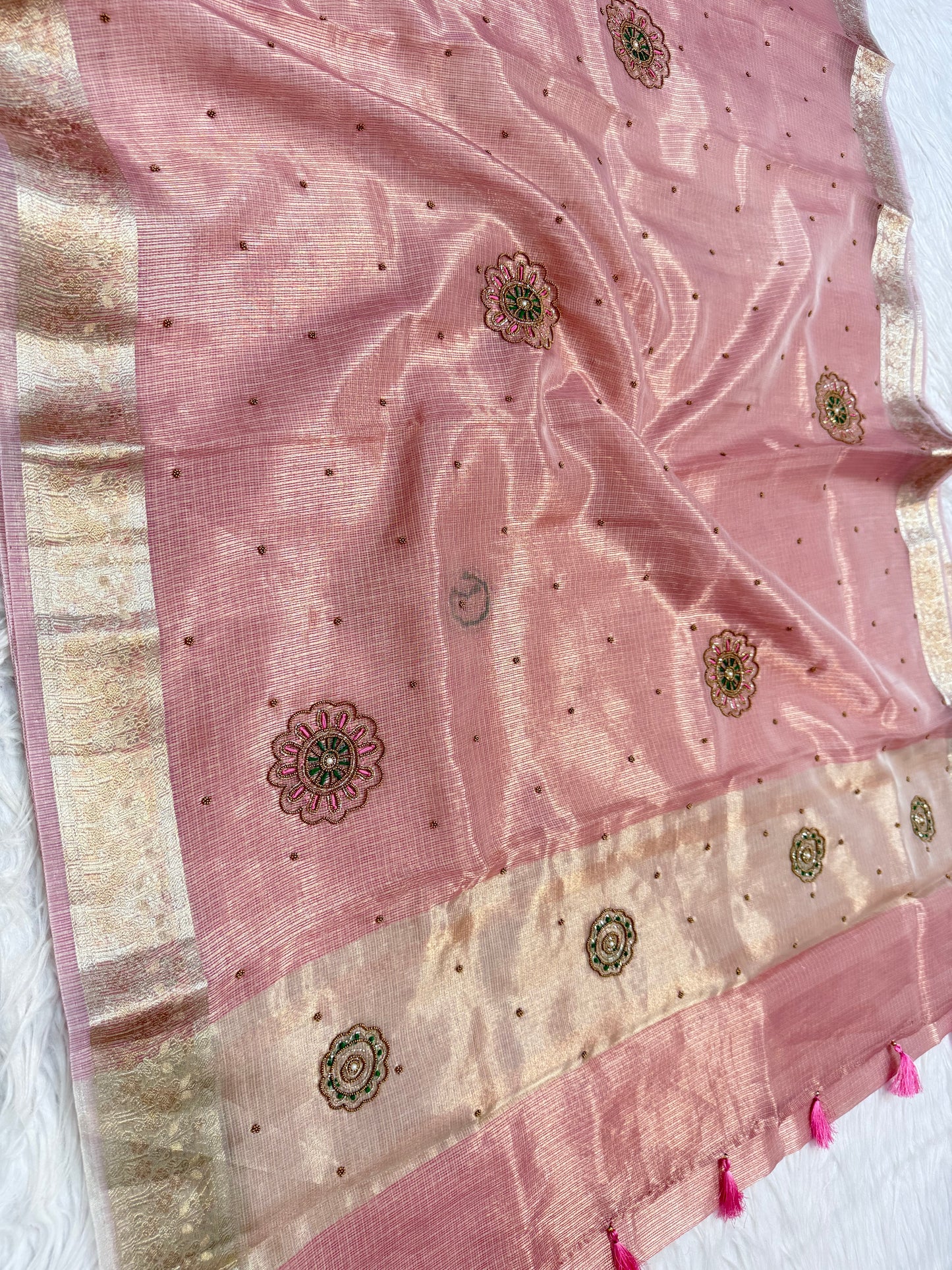 Pink shade tissue kota designer handwork premium Banarasi saree
