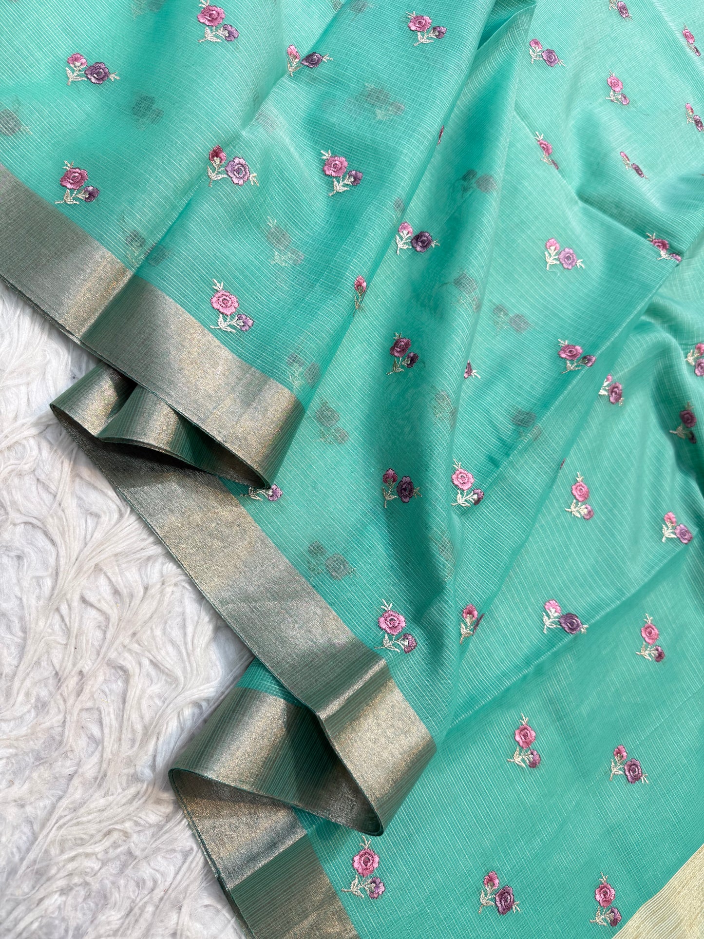 Sea green shade cotton kota embroidery Banarasi saree