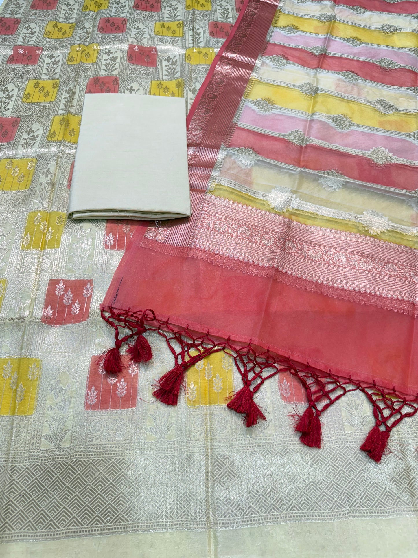 Rangkar Raw Mango with organza dupatta Three Piece Banarasi Suit