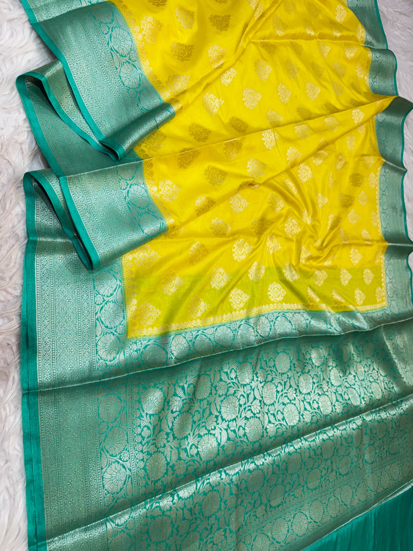 yellow & sea green shade Dupinon silk Banarasi saree