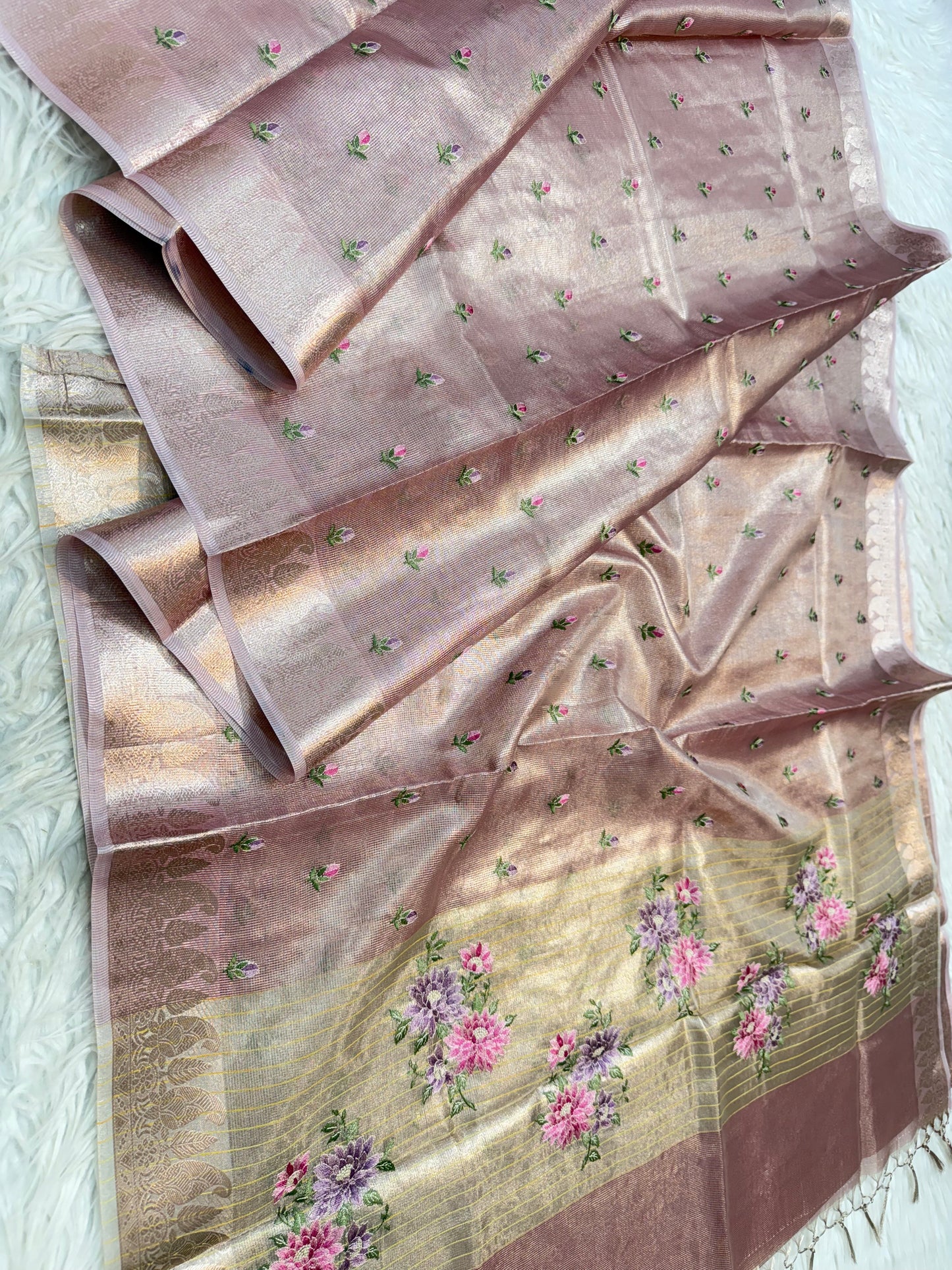Peach shade tissue kota embroidery primum Banarasi saree