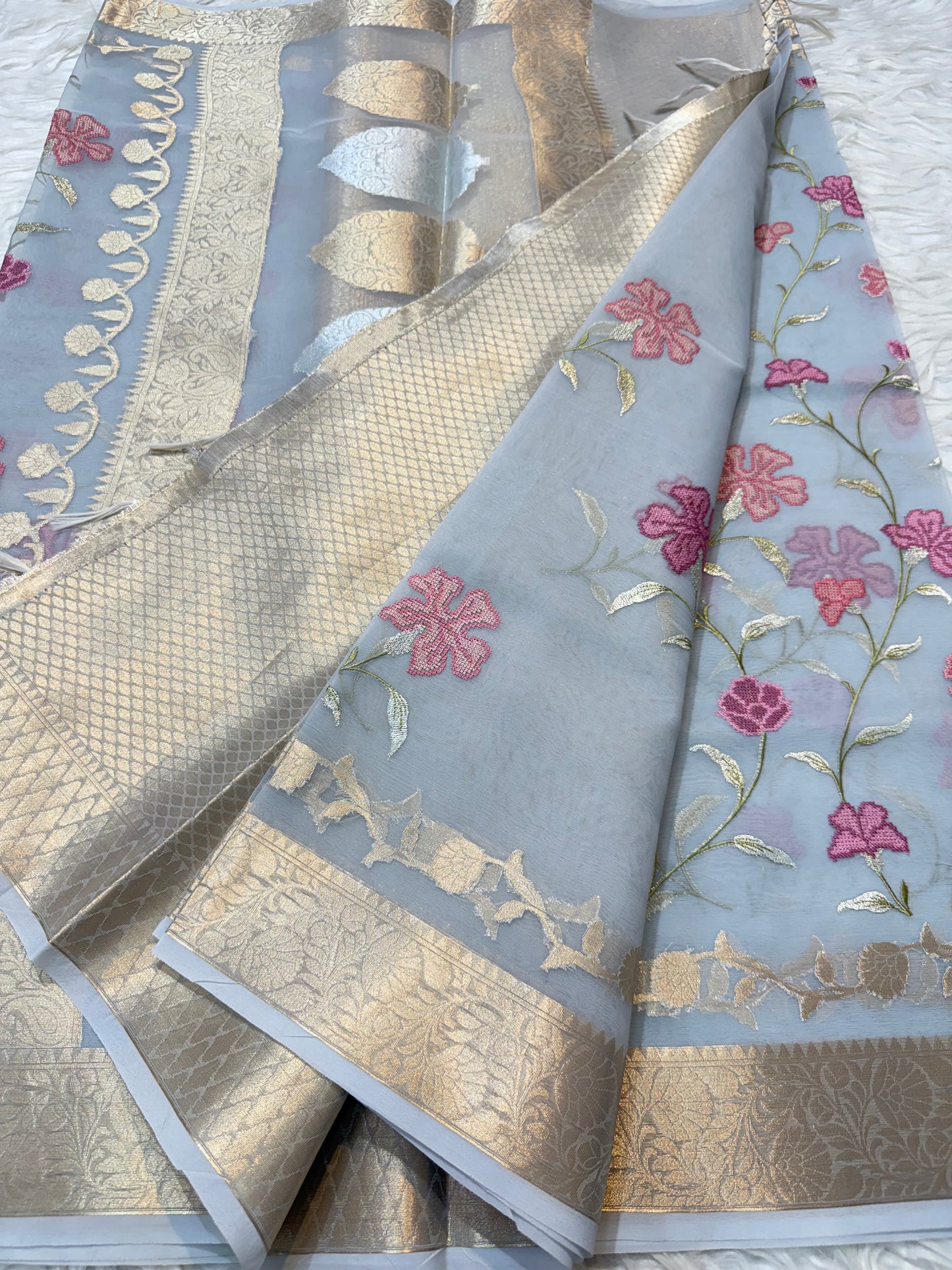 Grey shade kora organza embroidery Banarasi saree