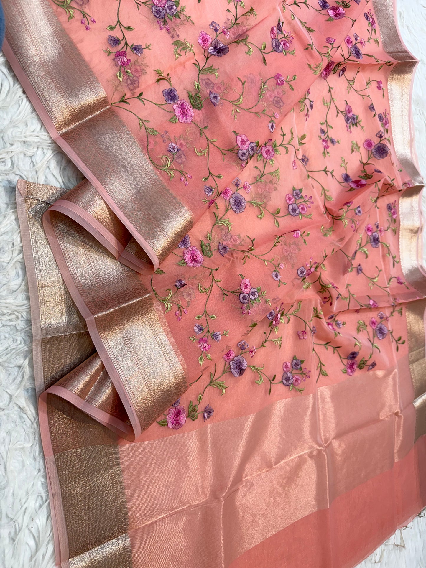 Peach shade organza embroidery Banarasi saree