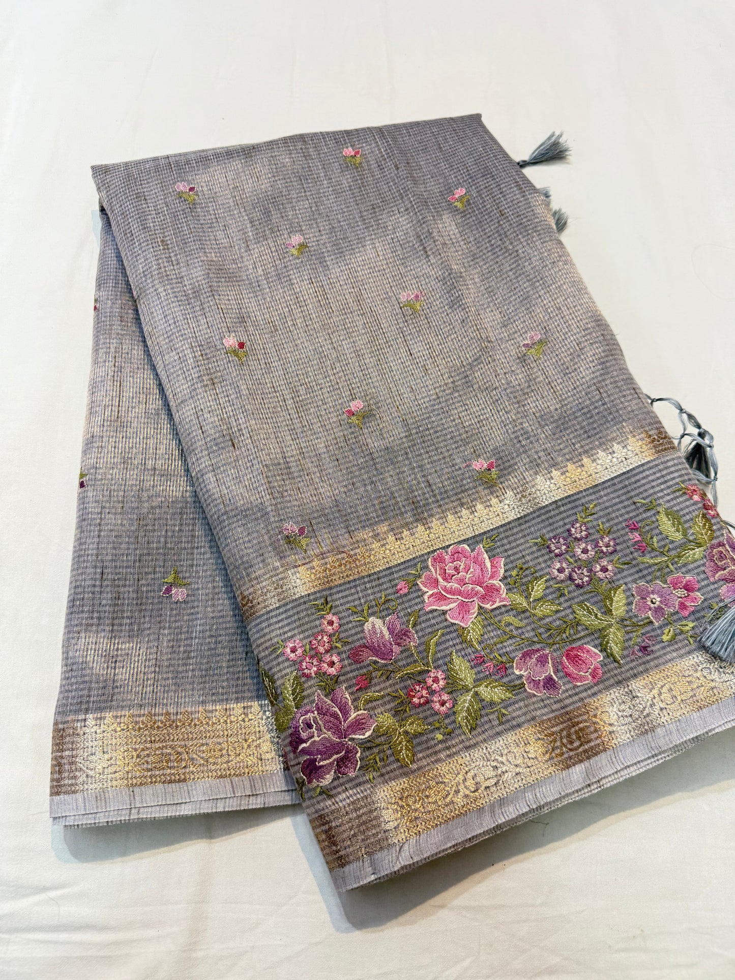 Silver shade tissue linen designer embroidery Banarasi saree