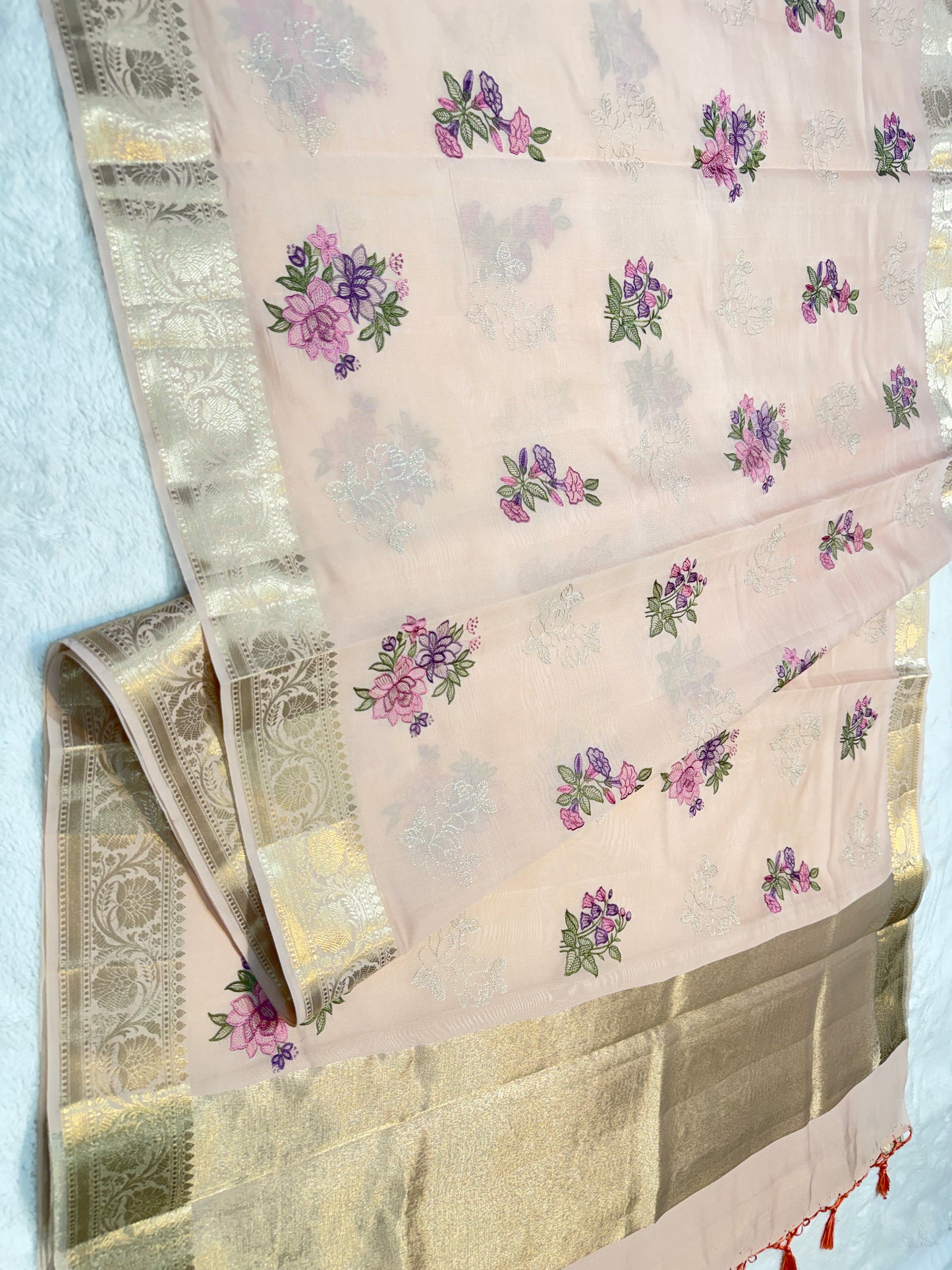 Peach shade soft silk designer premium embroidery Banarasi saree
