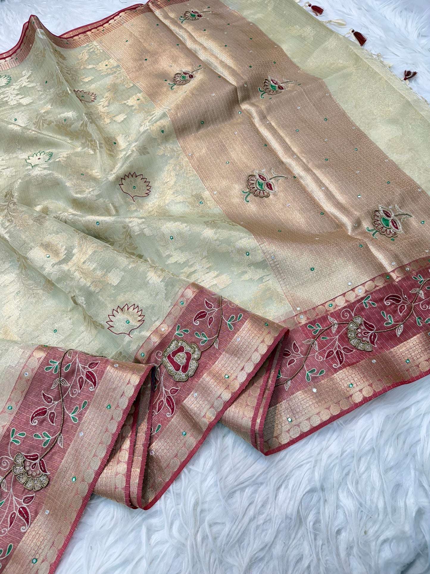 Beige red shade tissue kota zardosi work premium Banarasi saree