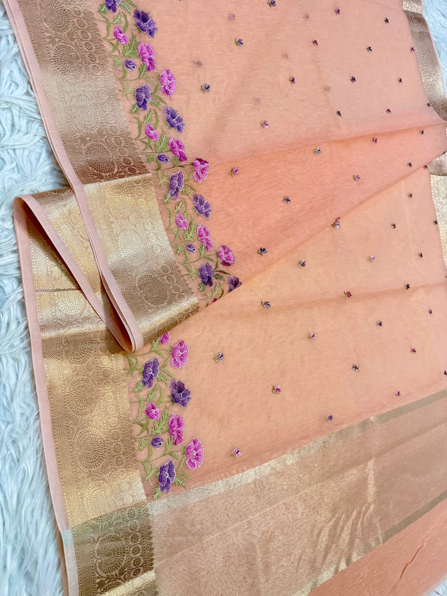 Peach shade linen embroidery Banarasi saree