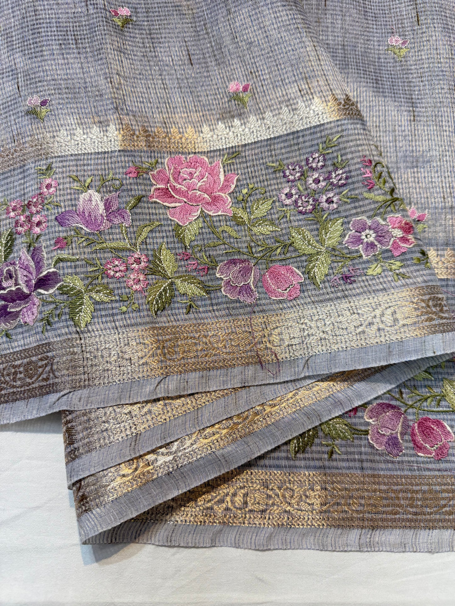 Silver shade tissue linen designer embroidery Banarasi saree