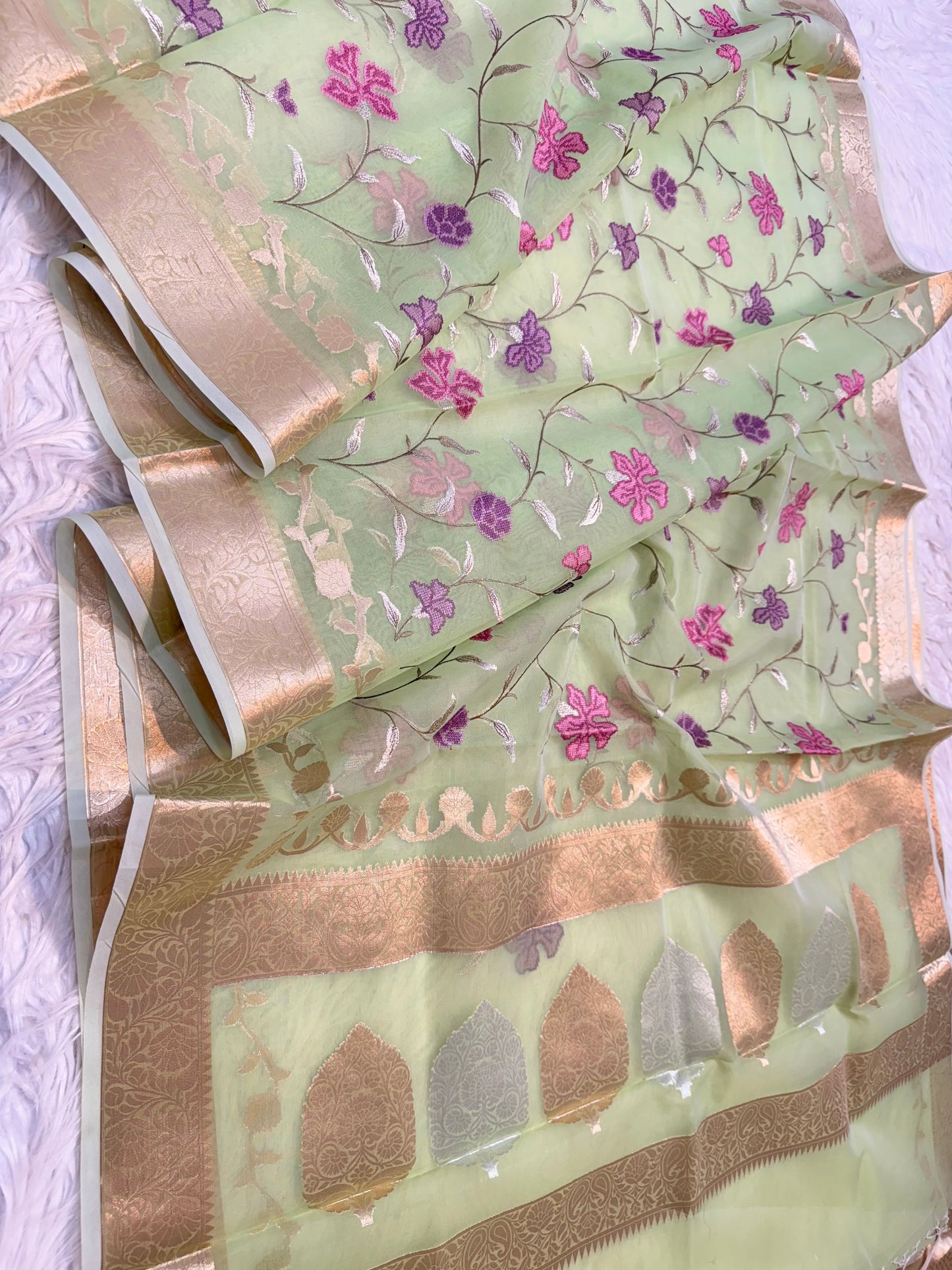 Pista green shade kora organza embroidery Banarasi saree