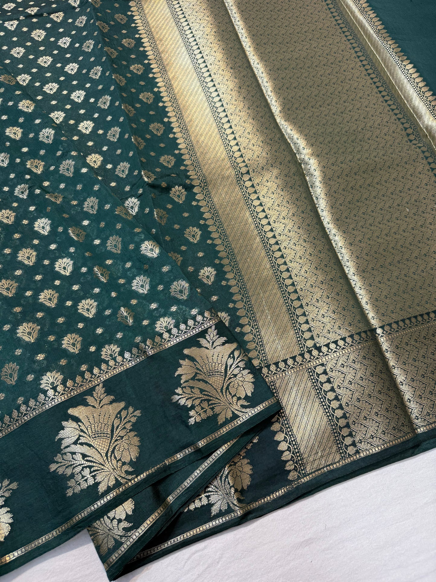 Bottle green shade Raw mango soft silk banarasi saree