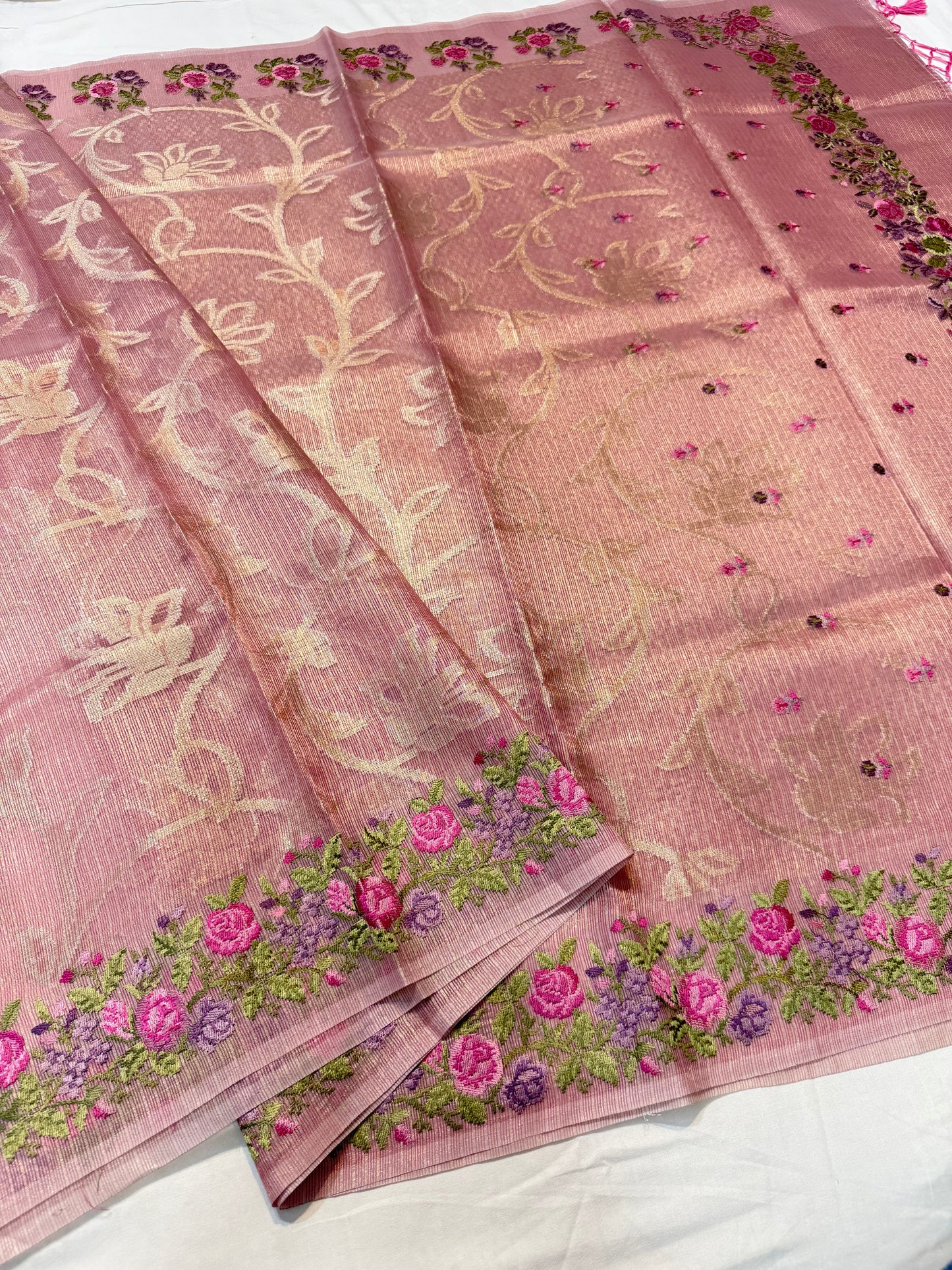 Pink shade tissue kota embroidery primum Banarasi saree