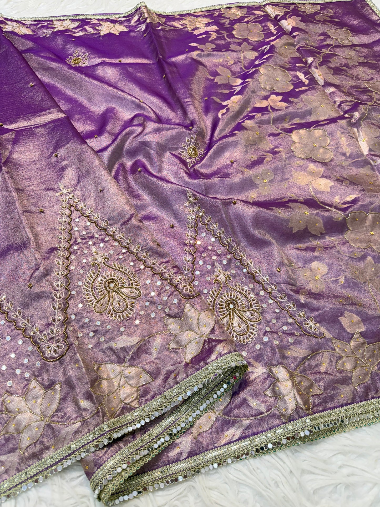 Purple shade tissue ari & zardosi work designer premium Banarasi saree