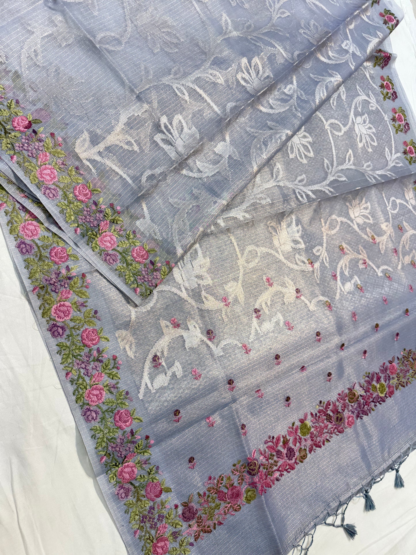 Powder blue shade tissue kota embroidery primum Banarasi saree