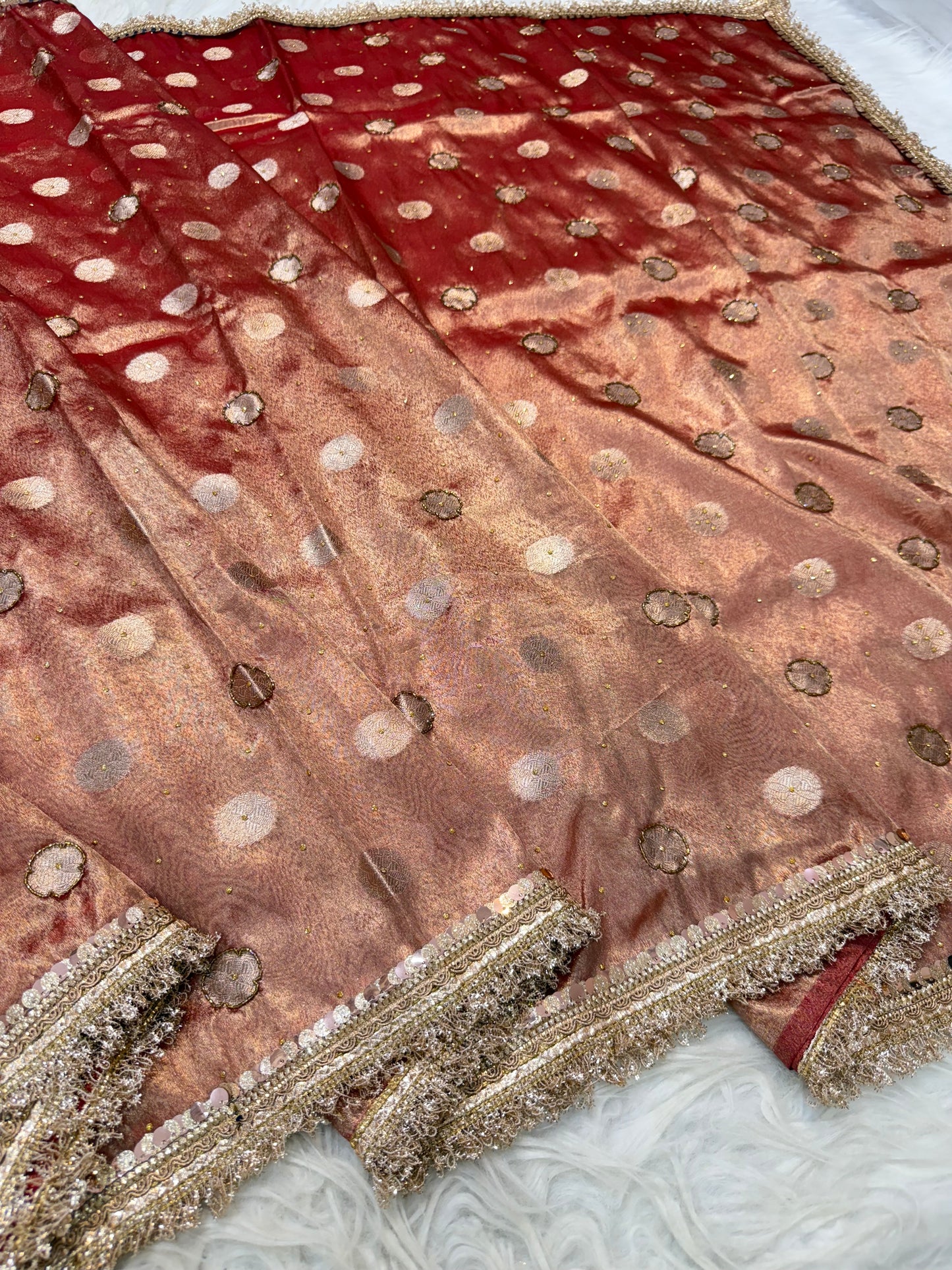 Rani shade tissue ari & zardosi work designer premium Banarasi saree