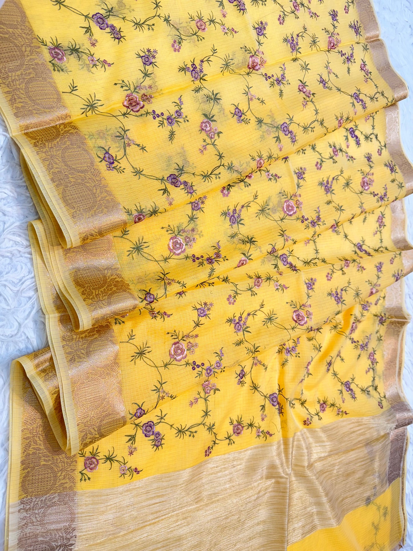 Yellow shade cotton kota embroidery Banarasi saree