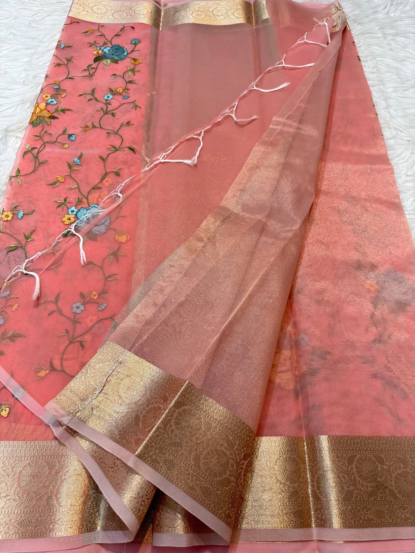 Peach shade organza embroidery Banarasi saree