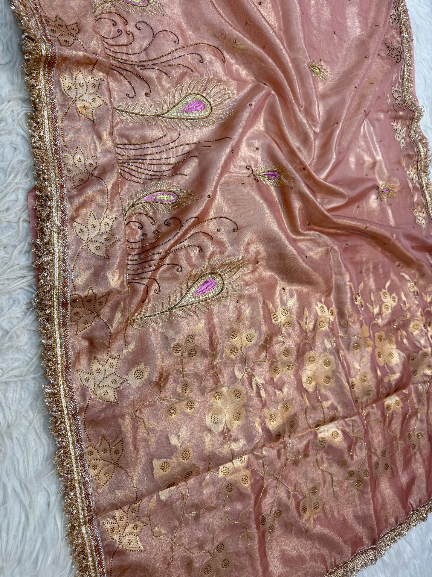 Peach shade tissue ari & zardosi work designer premium Banarasi saree