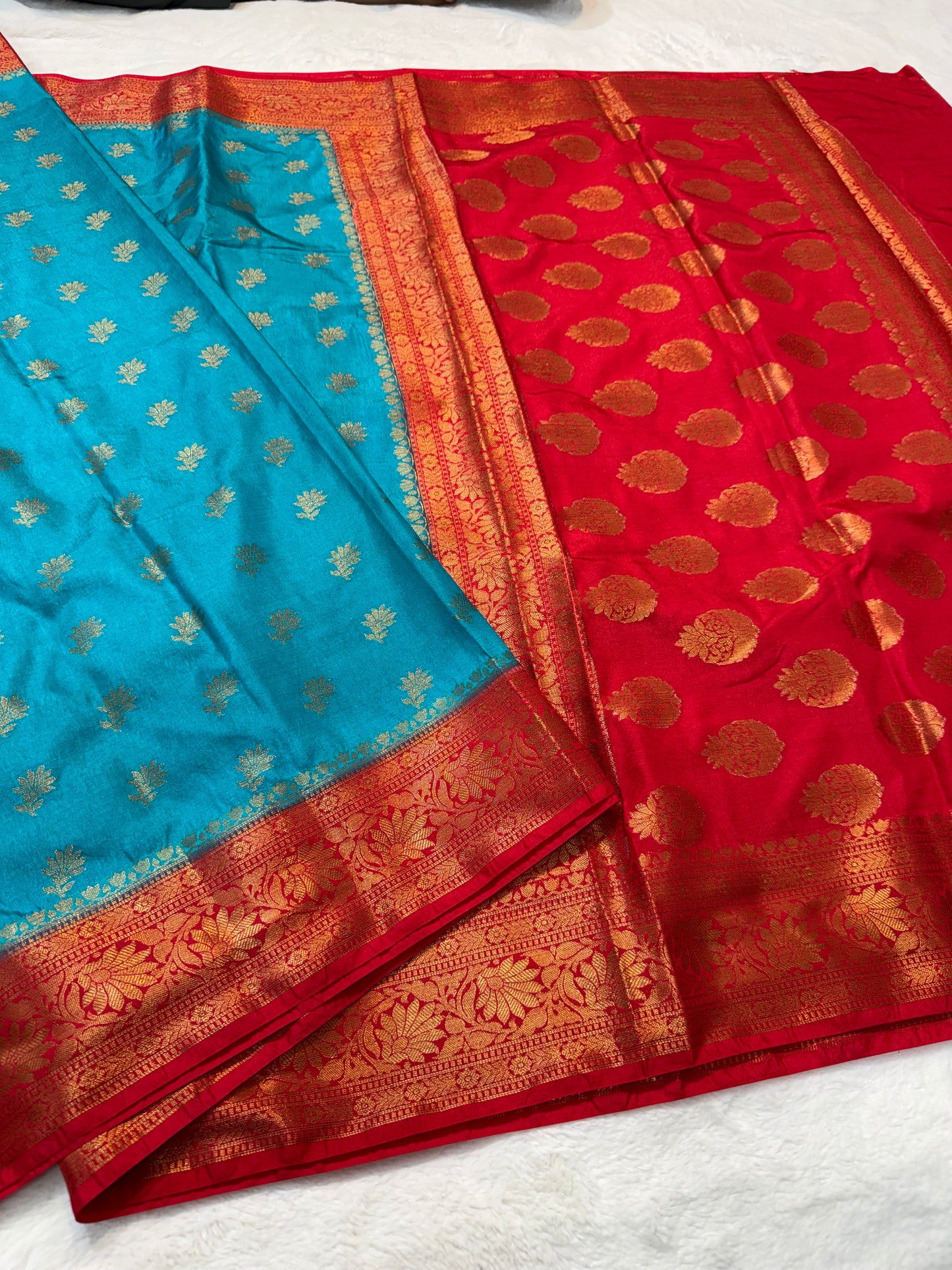 Sea green red shade Dupion Silk premium Banarasi Saree