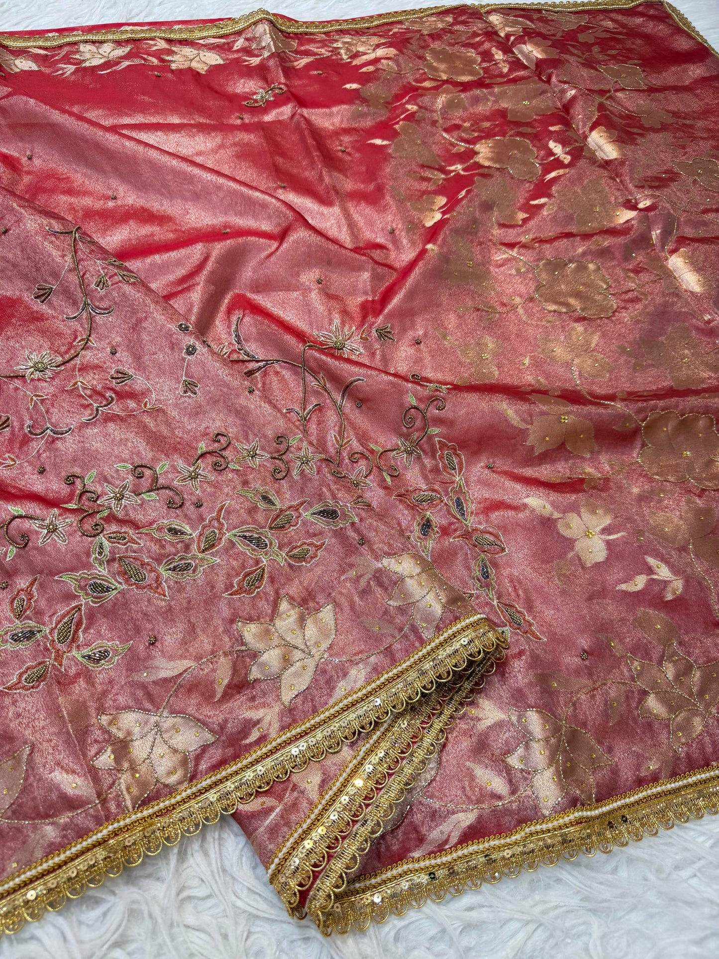 Red shade tissue ari & zardosi work designer premium Banarasi saree