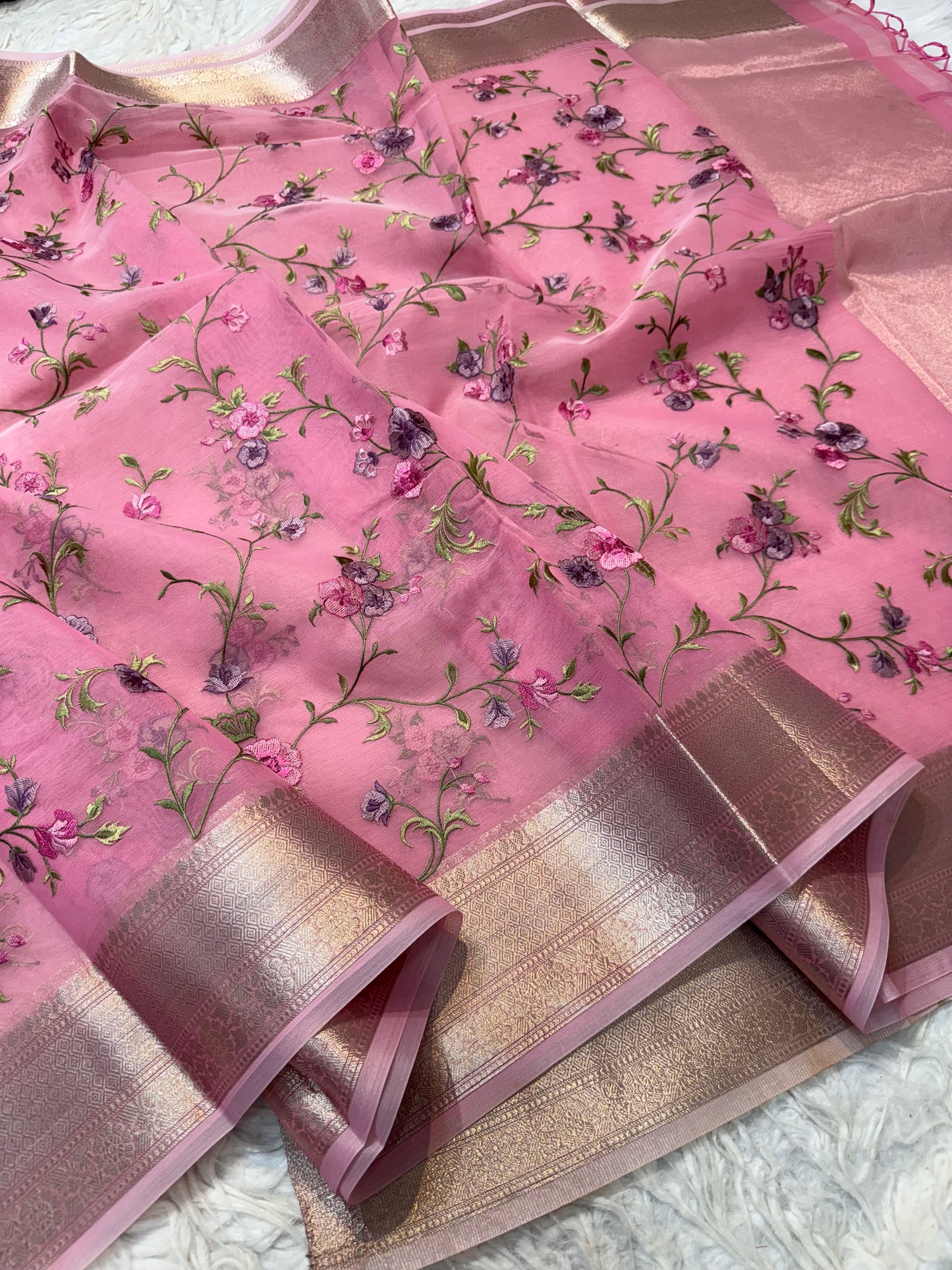 Pink shade organza embroidery Banarasi saree