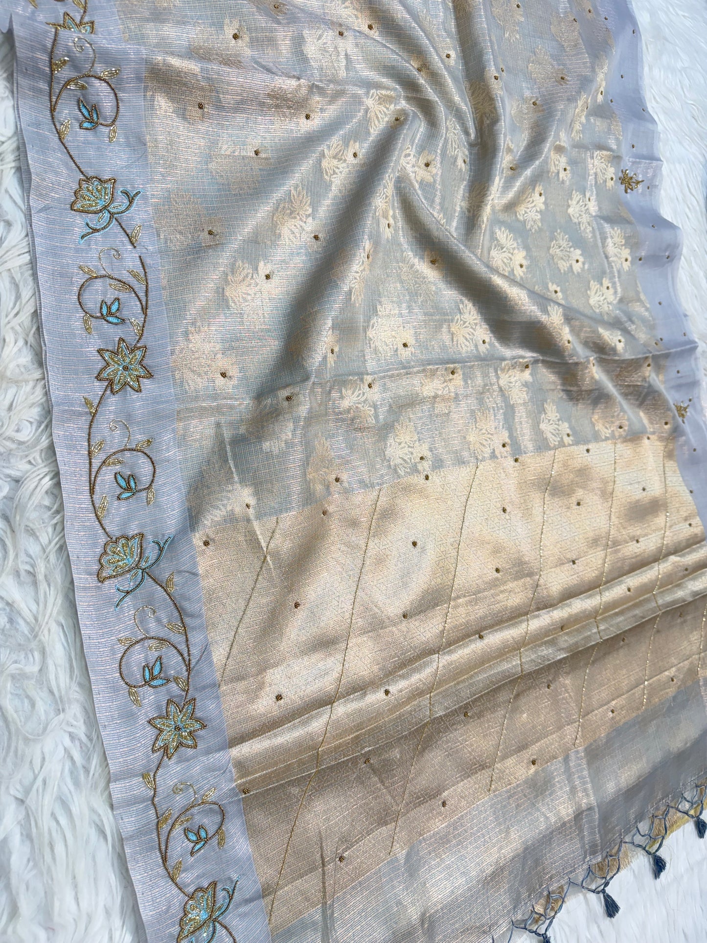 Silver shade tissue kota handwork premium Banarasi saree