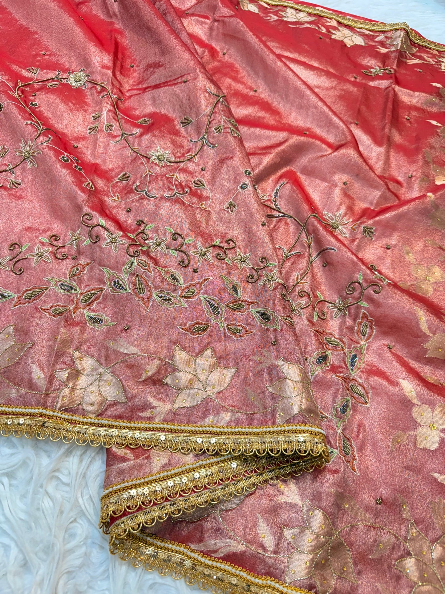 Red shade tissue ari & zardosi work designer premium Banarasi saree