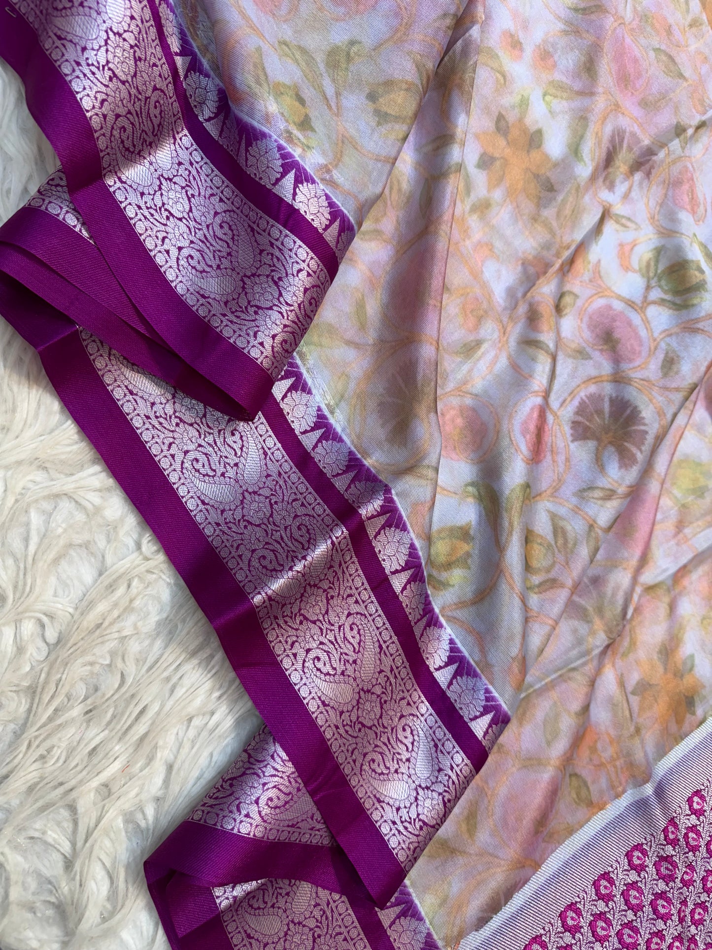 Multi colore warm silk digital print Banarasi saree