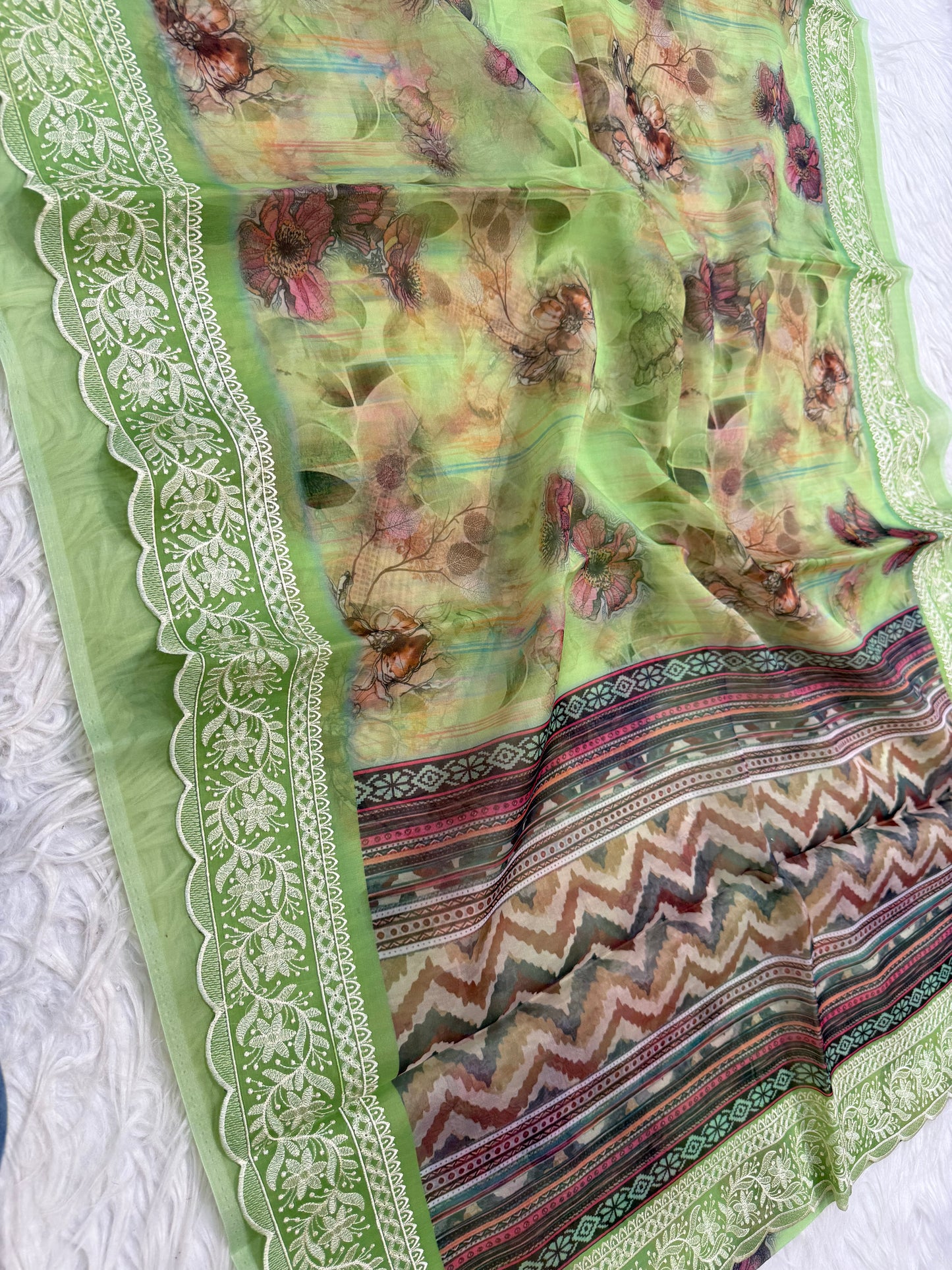 Pista green multi shade kora organza digital print embroidery Banarasi saree