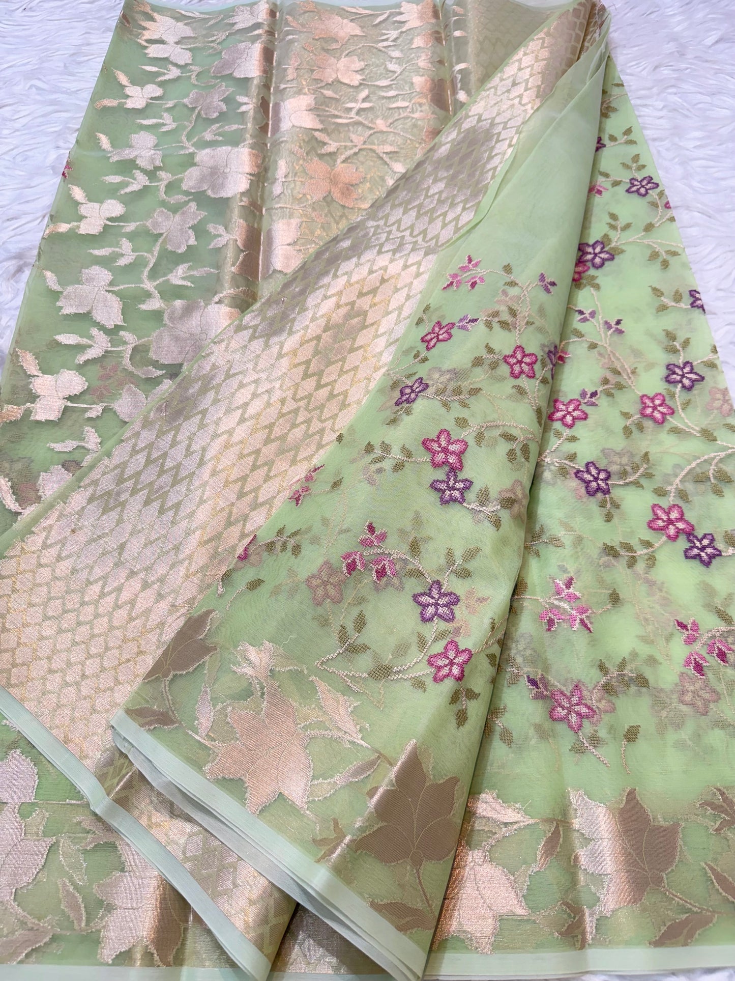 Parrot green shade kora organza embroidery Banarasi saree