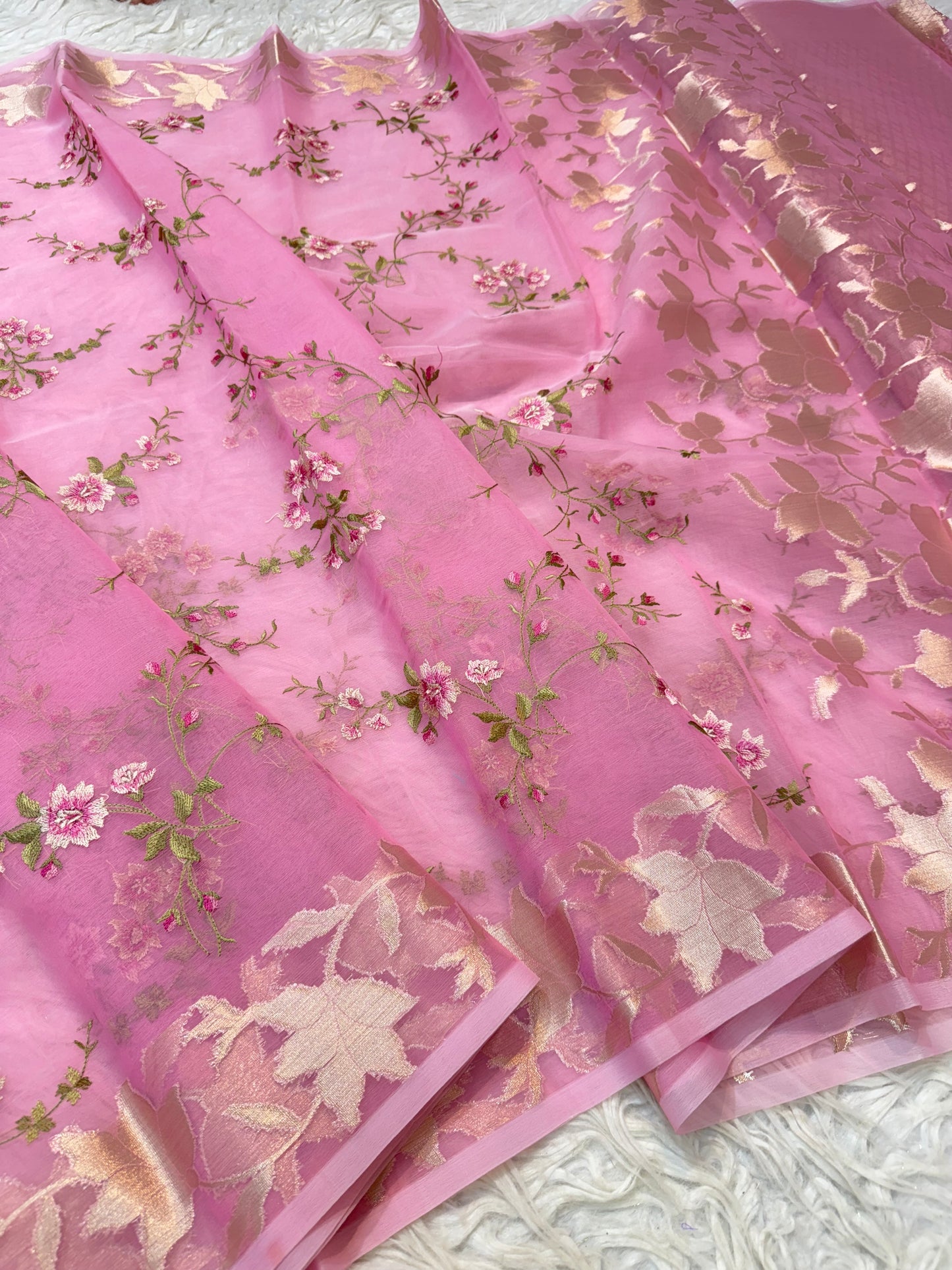 Pink shade kora organza embroidery Banarasi saree