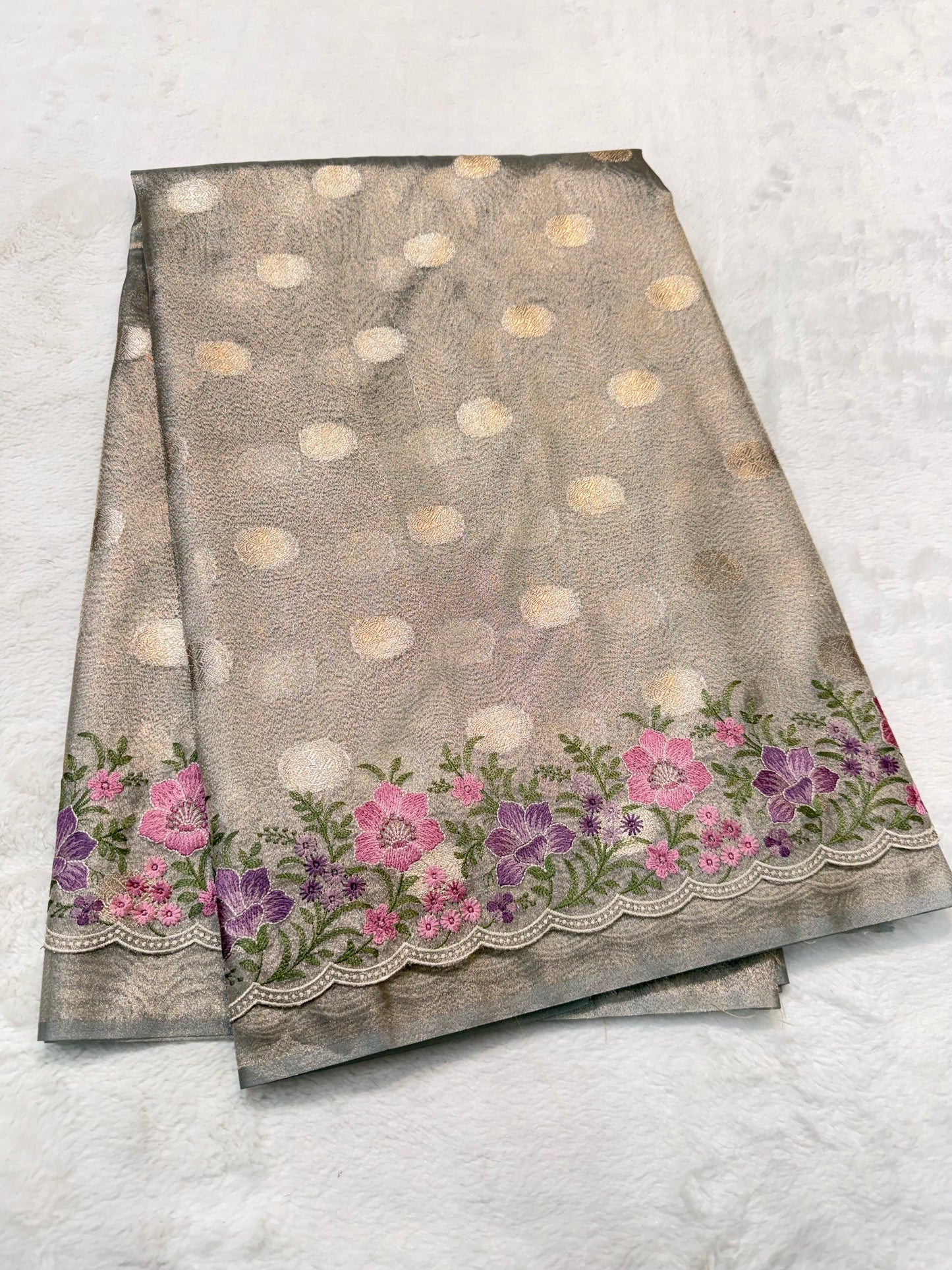Grey tissue cutwork embroidery premium designer Banarasi saree