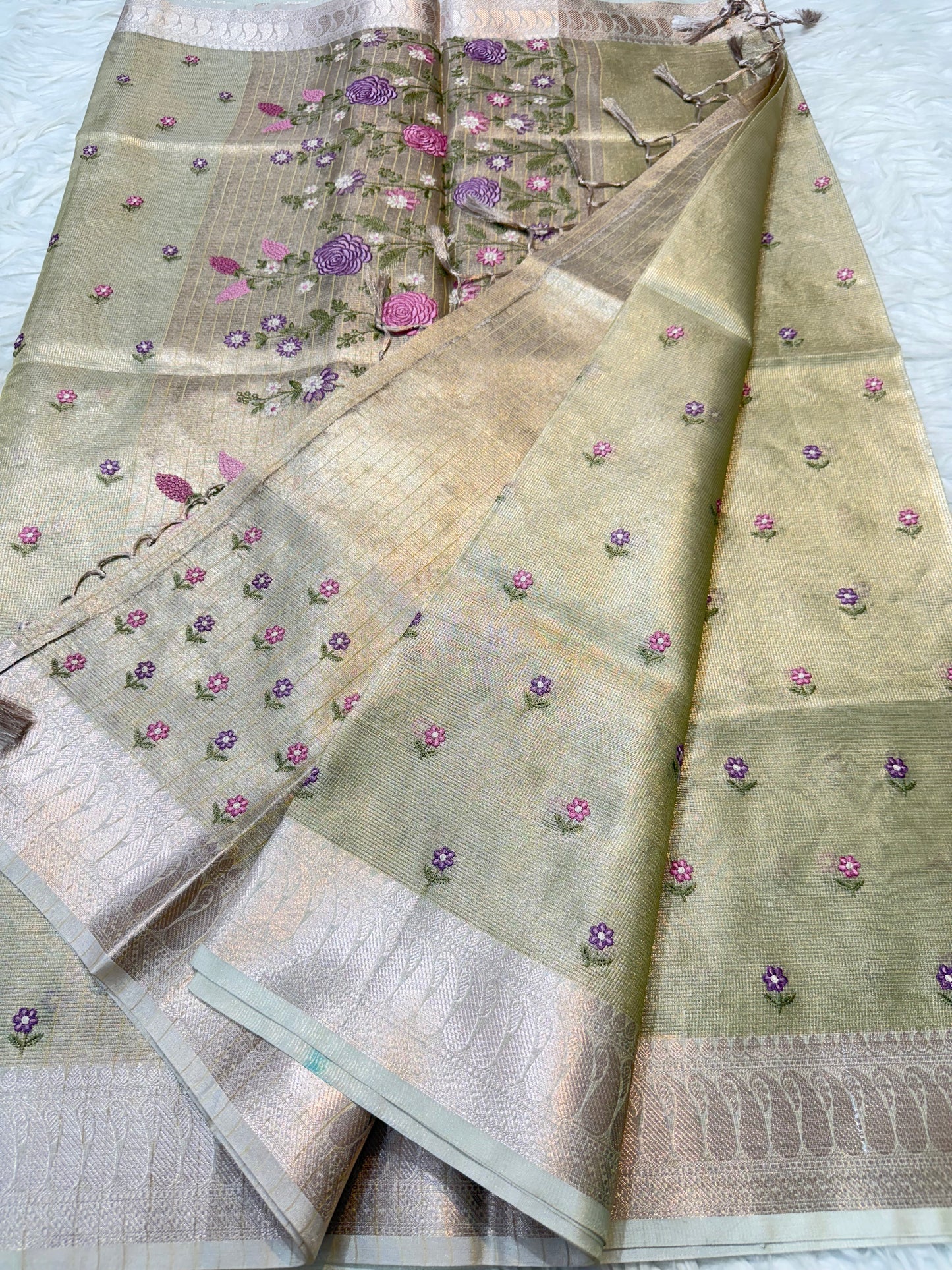 Pista green shade tissue kota embroidery primum Banarasi saree