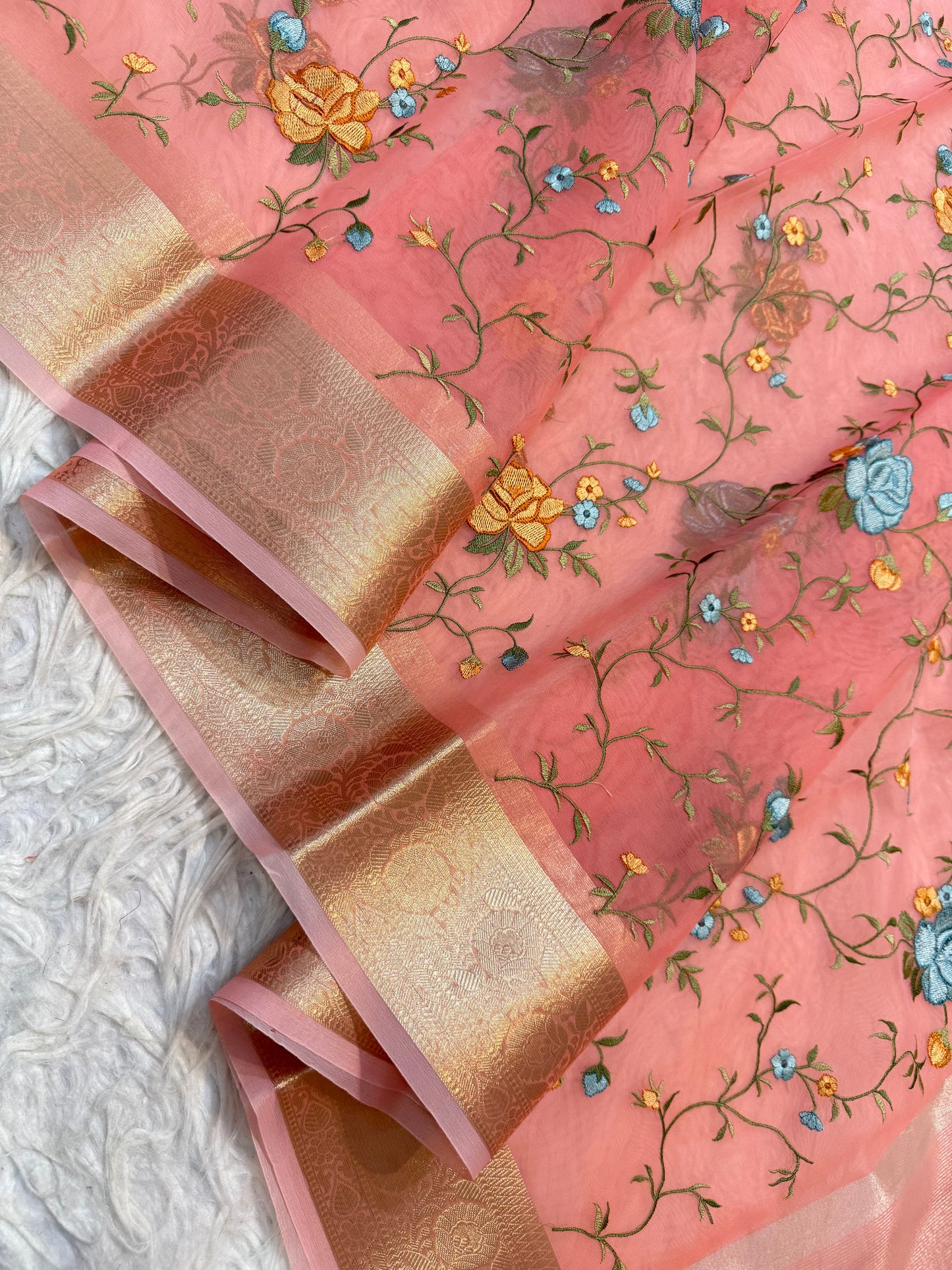 Peach shade organza embroidery Banarasi saree