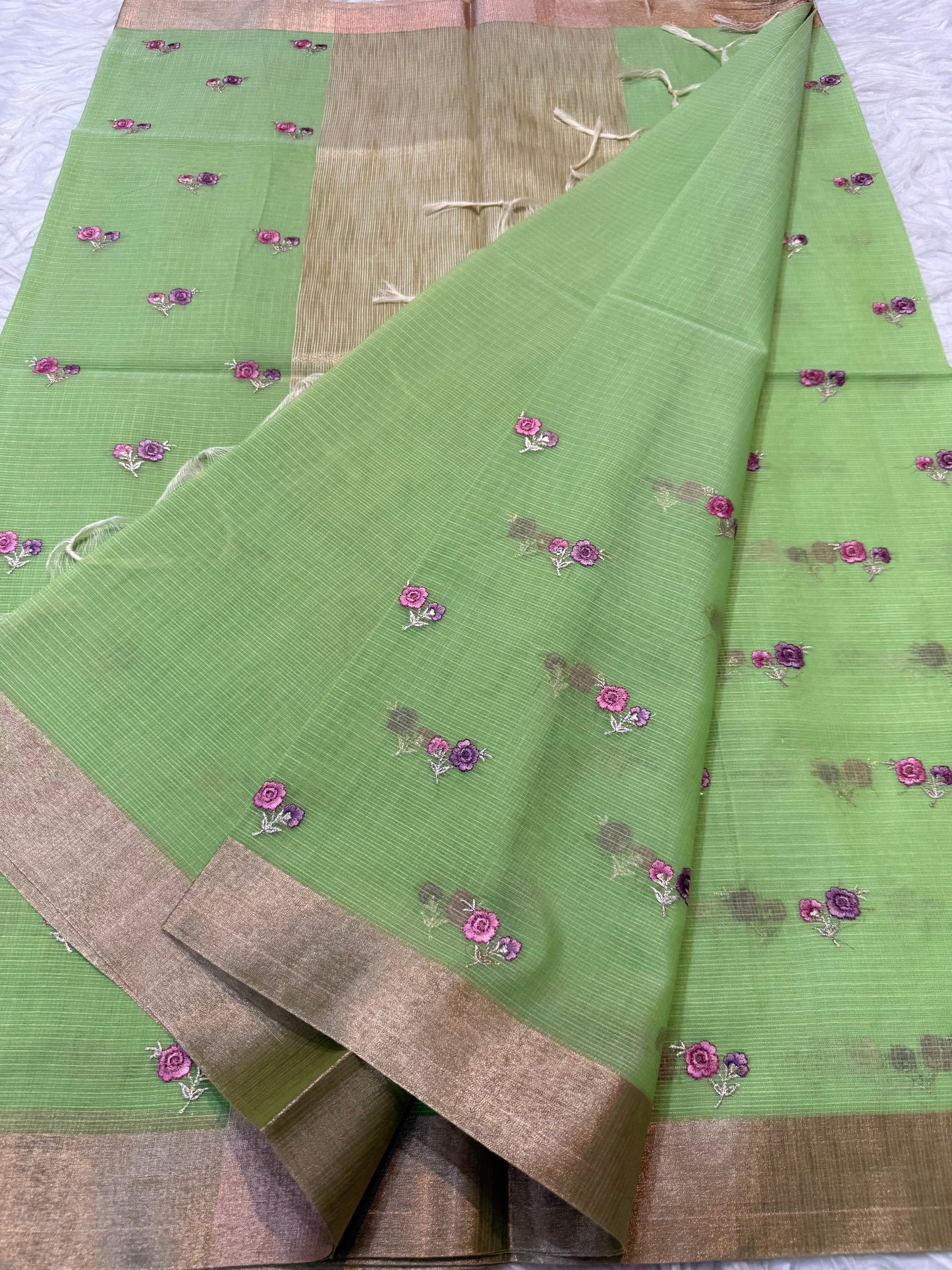Pista green shade cotton kota embroidery Banarasi saree