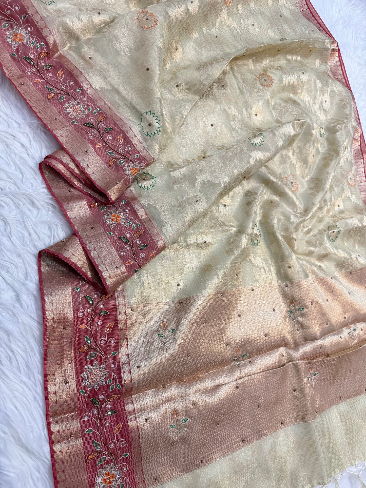 Beige red shade tissue kota zardosi work premium Banarasi saree
