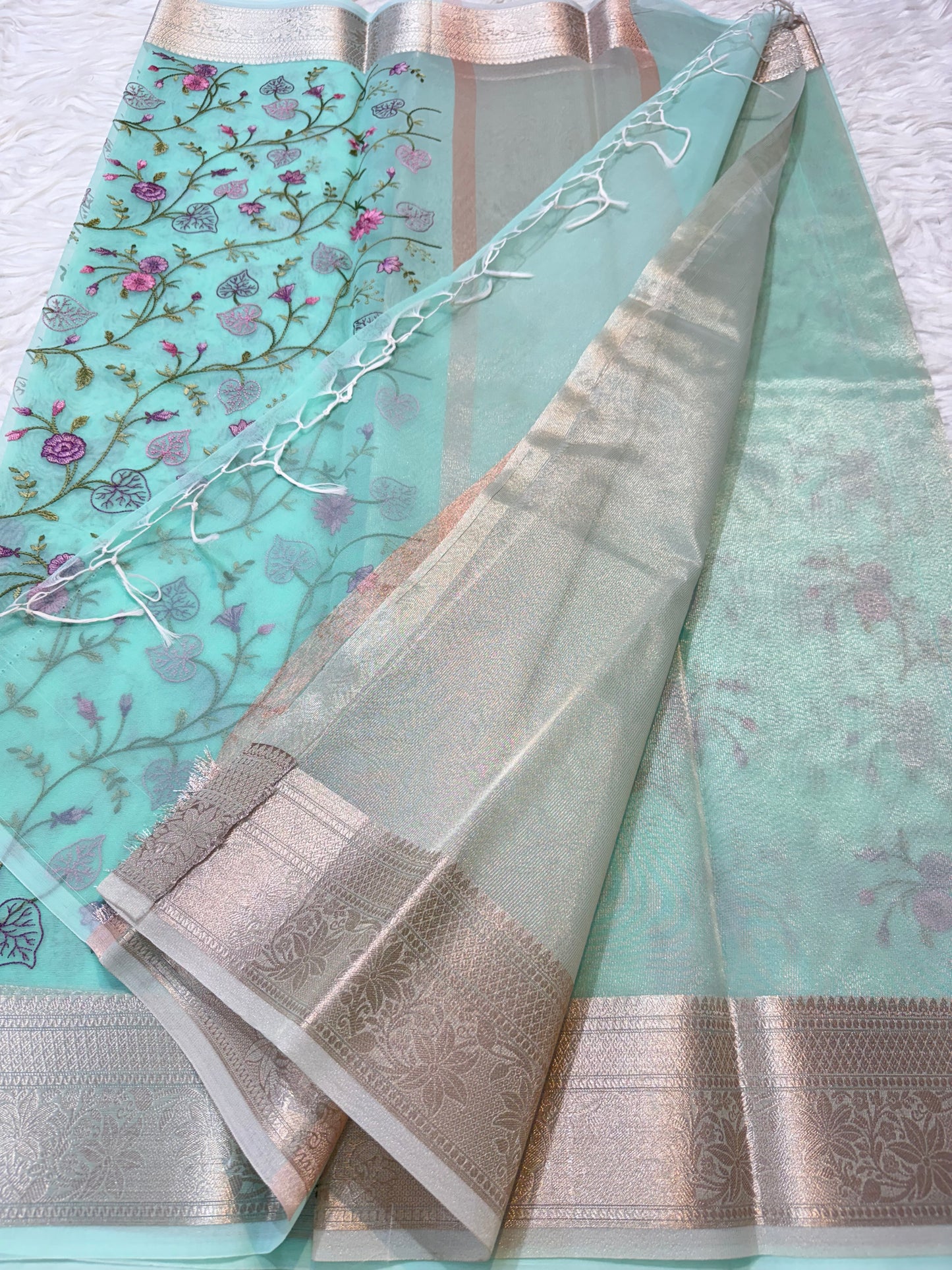 Turquoise shade organza embroidery Banarasi saree