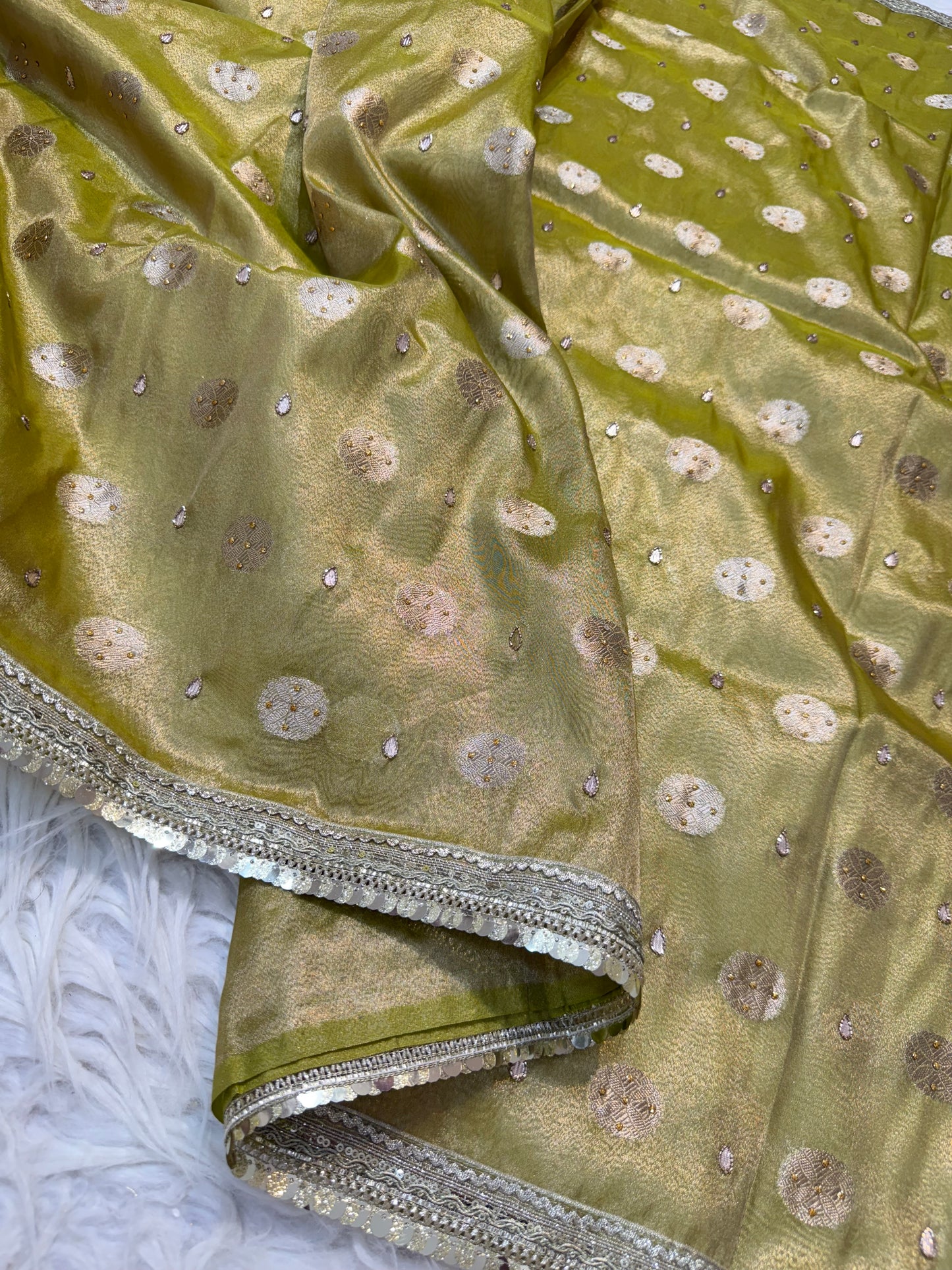 Pista green shade tissue ari & zardosi work designer premium Banarasi saree