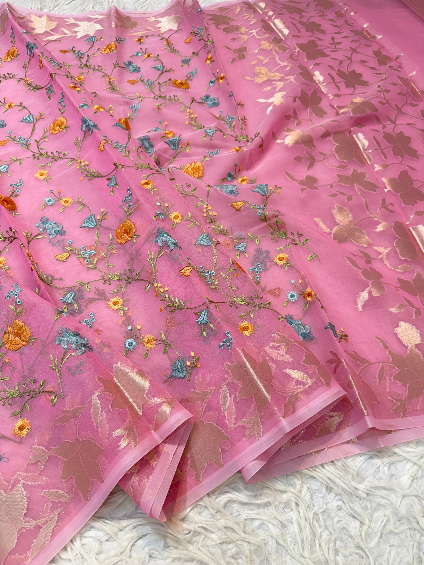 Pink shade kora organza embroidery Banarasi saree