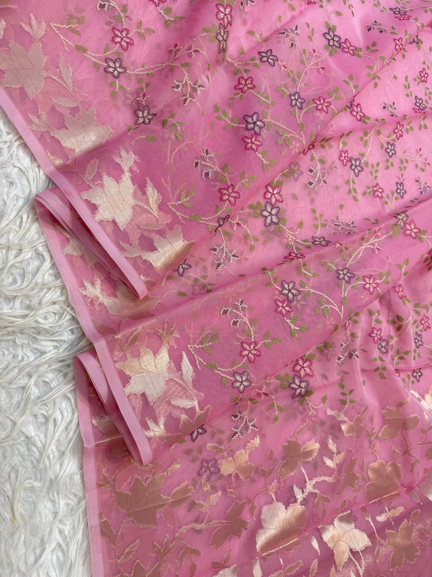 Peach shade kora organza embroidery banarasi saree