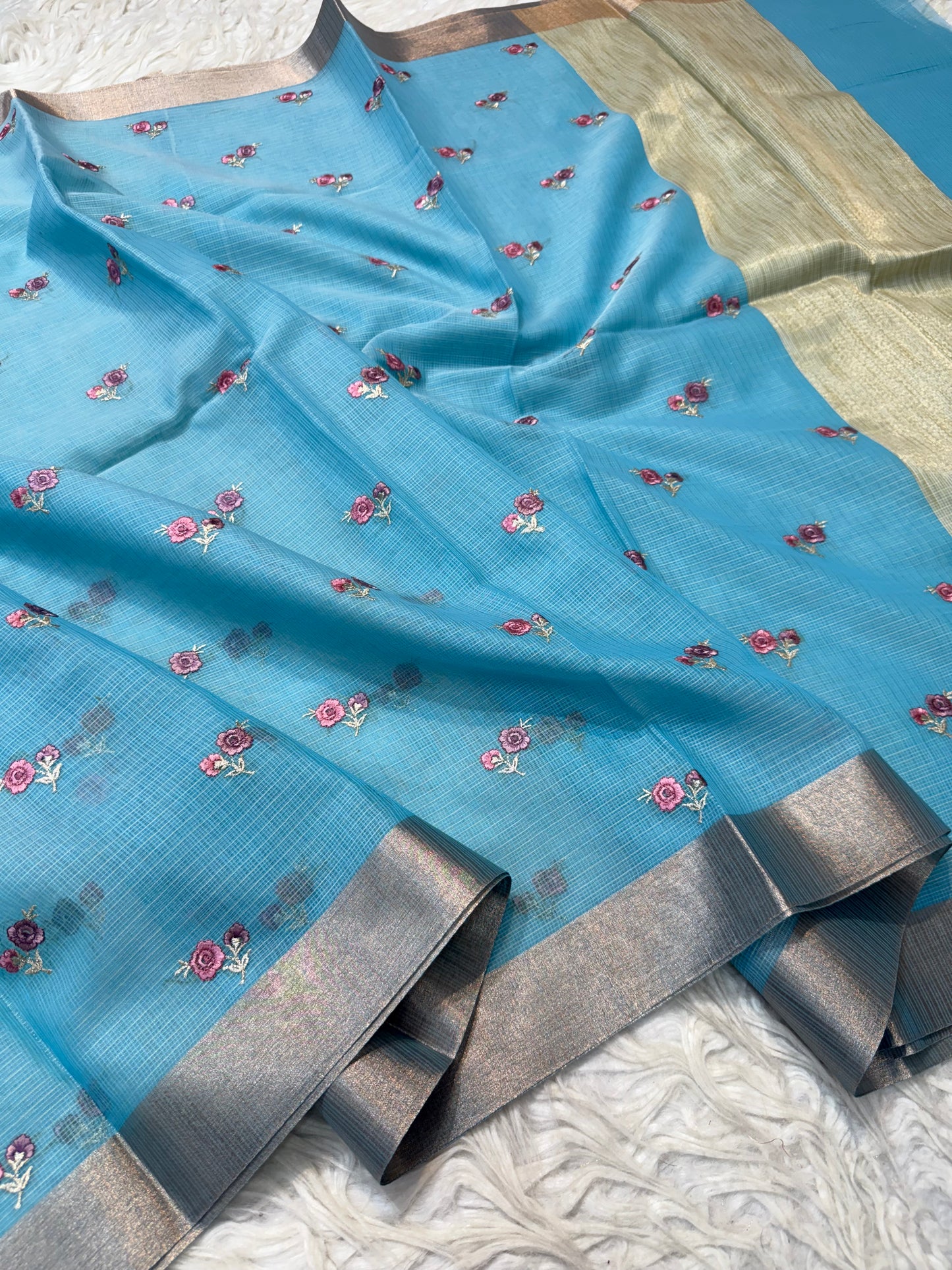 Sky blue shade cotton kota embroidery Banarasi saree
