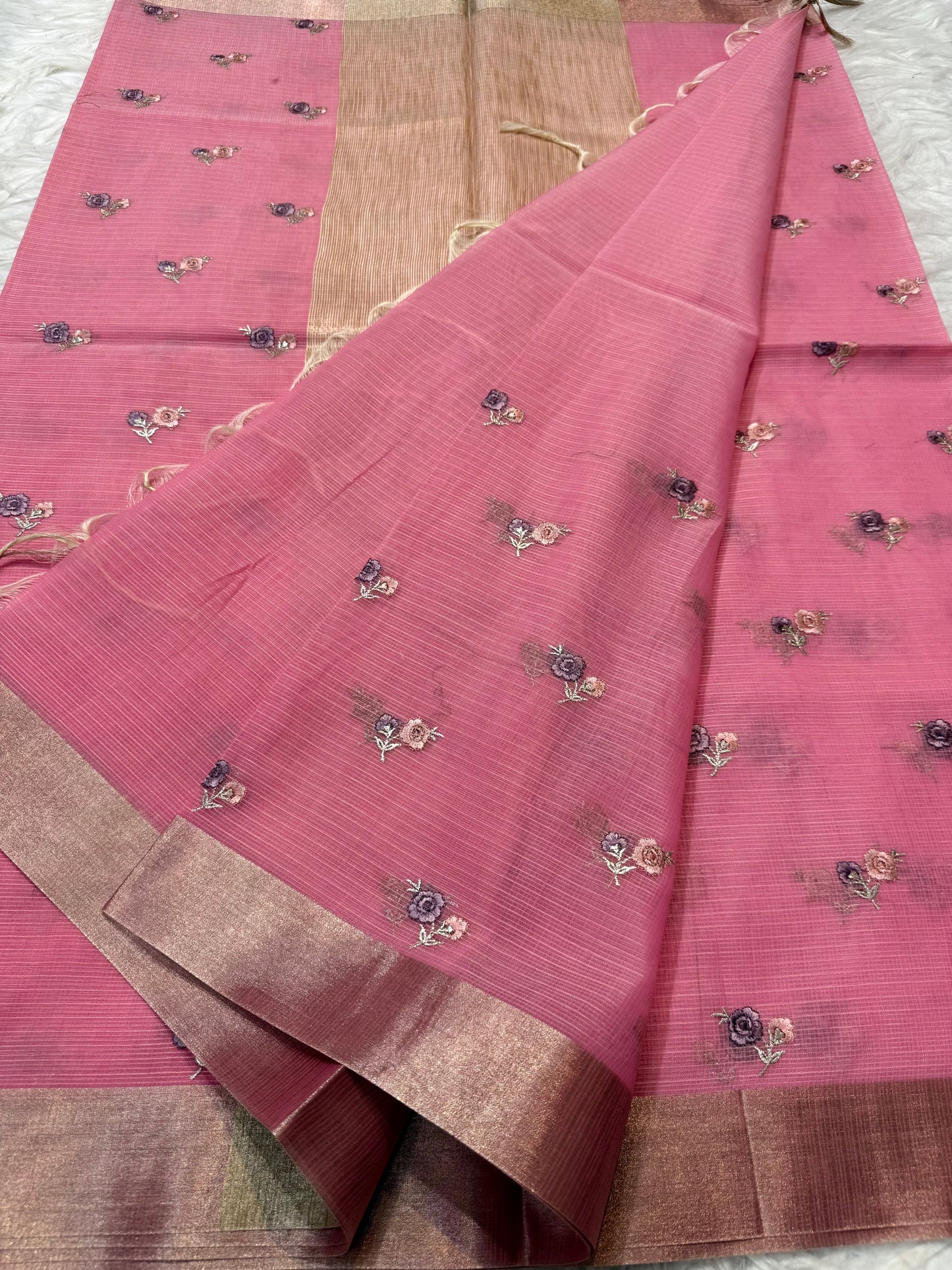 Pink shade cotton kota embroidery Banarasi saree