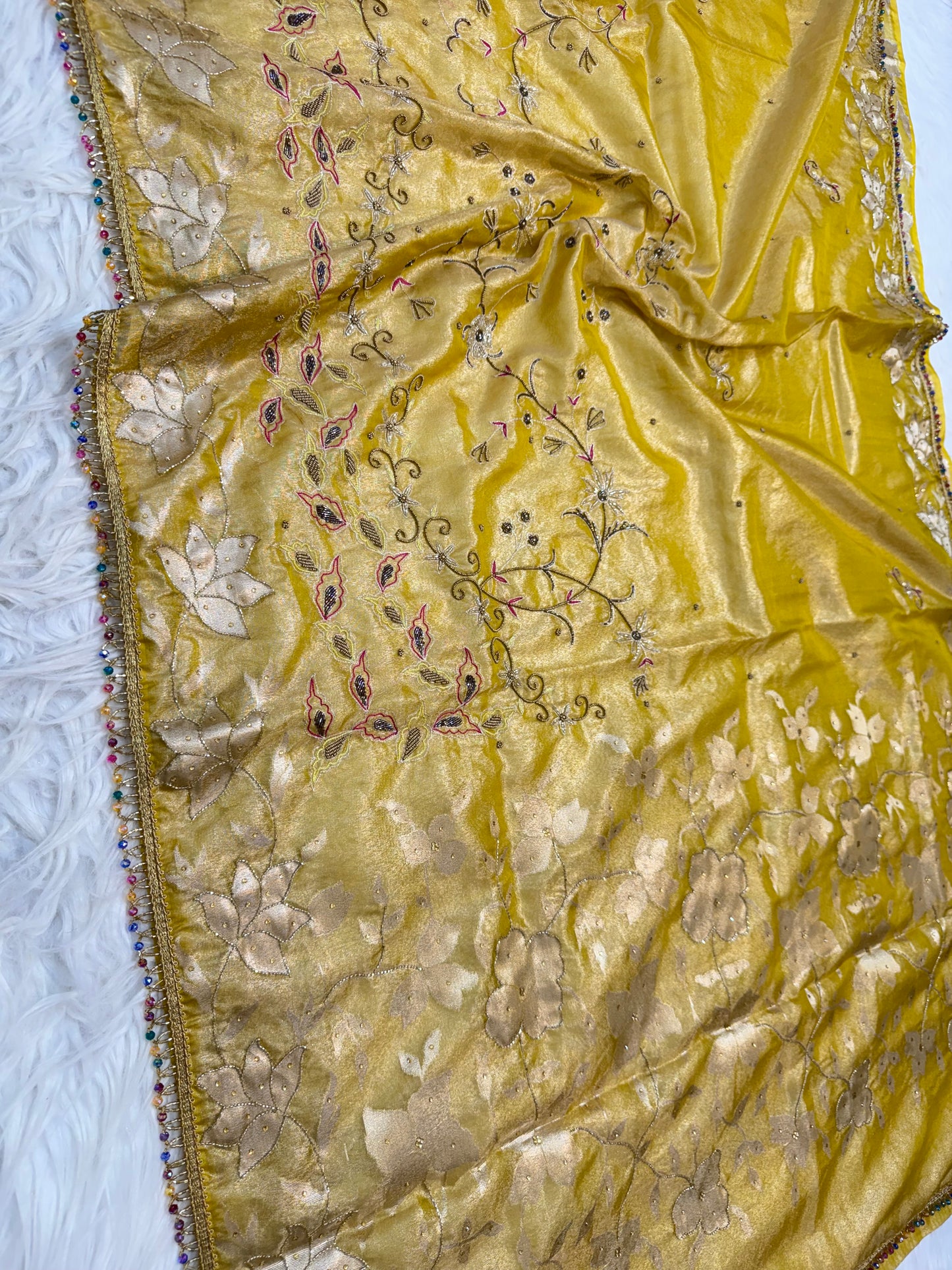 Yellow shade tissue ari & zardosi work designer premium Banarasi saree