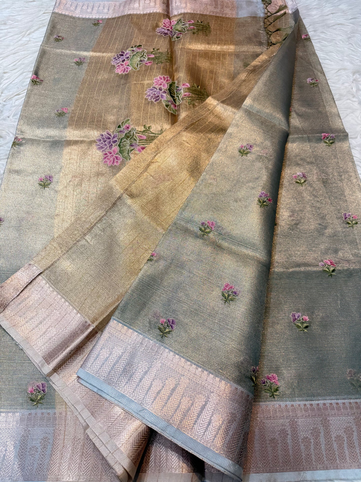 Sea green green shade tissue kota embroidery primum Banarasi saree