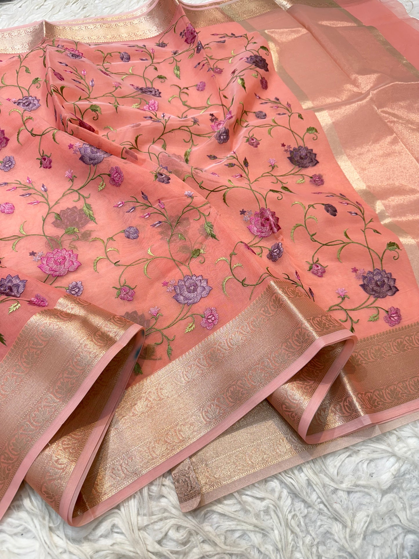 Peach shade organza embroidery Banarasi saree